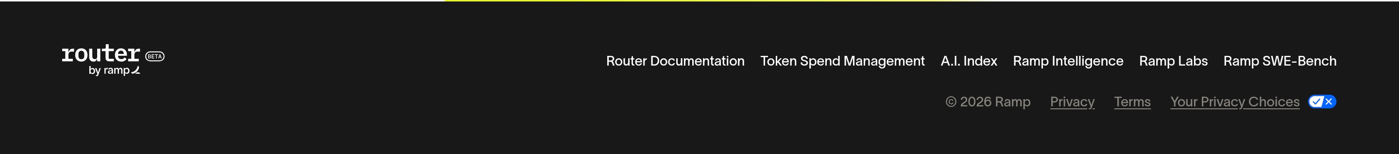 Router by Ramp dark footer with logo at left and product, copyright, and legal links aligned right.