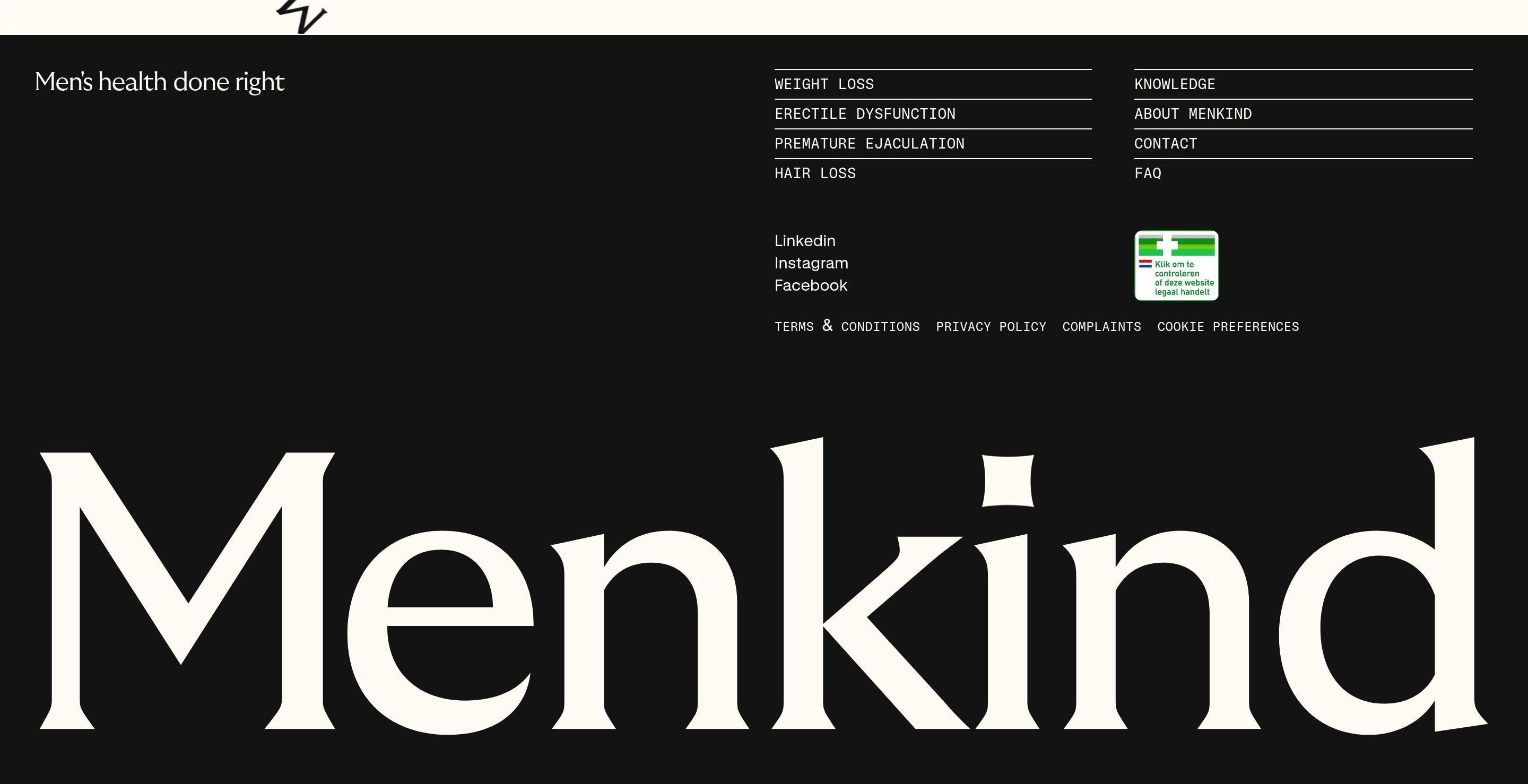 Menkind footer on black: left tagline, right link lists, socials, and oversized cream serif Menkind wordmark.