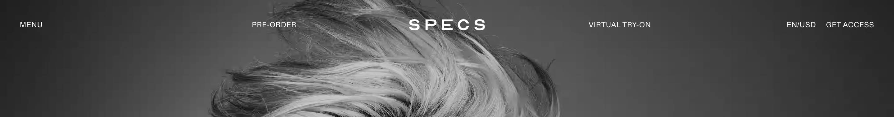 Specs header with MENU, PRE-ORDER, centered SPECS wordmark, VIRTUAL TRY-ON, EN/USD, and GET ACCESS on a dark hair photo