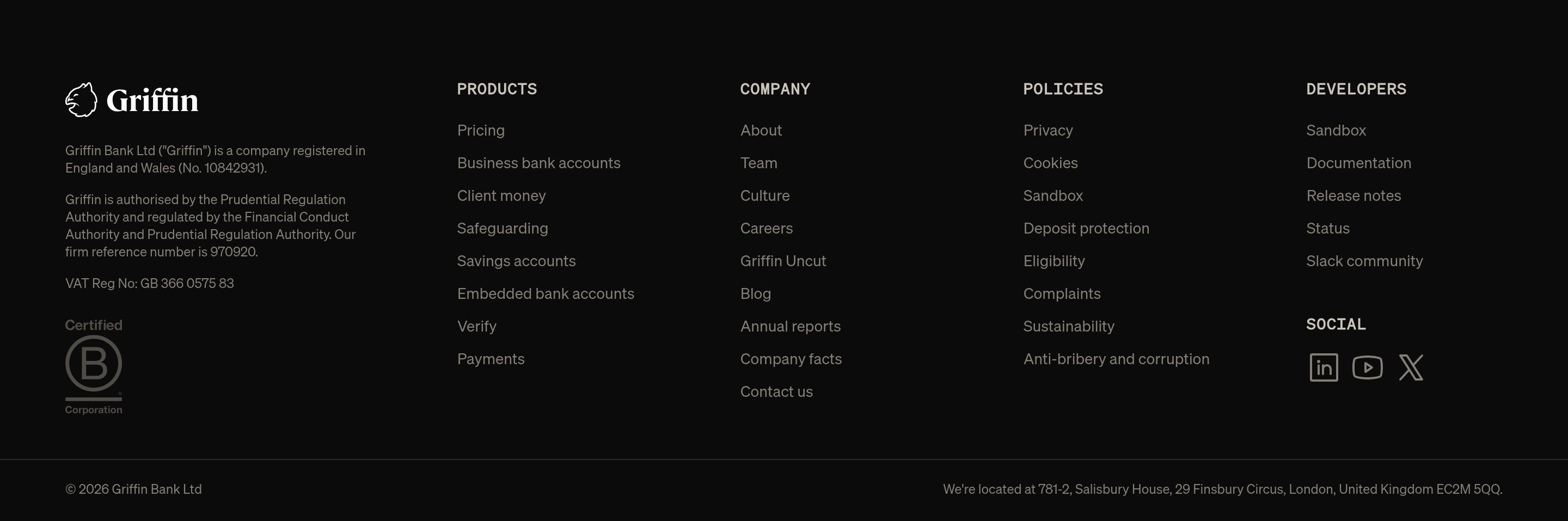 Griffin dark footer with logo, regulatory text, B Corp badge, four link columns, social icons, copyright and address