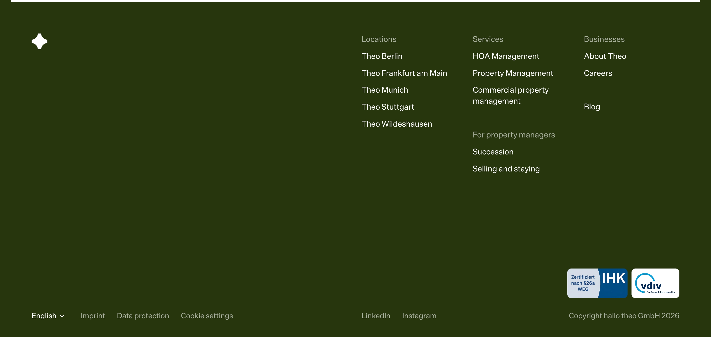 Theo footer on dark olive with a left logo, three link columns, legal row, and IHK and VDIV badges.