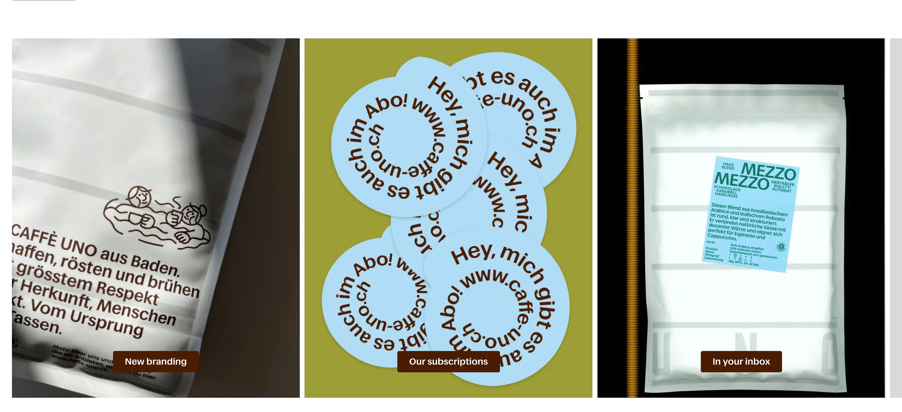 Caffè Uno feature cards: coffee bag, circular Abo stickers, Mezzo Mezzo pack, brown labels