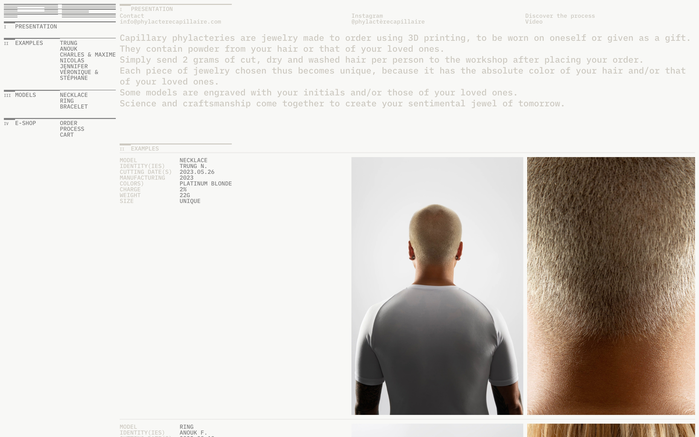 Phylactère Capillaire hero with intro copy, sidebar index, and Trung necklace example plus hair photos