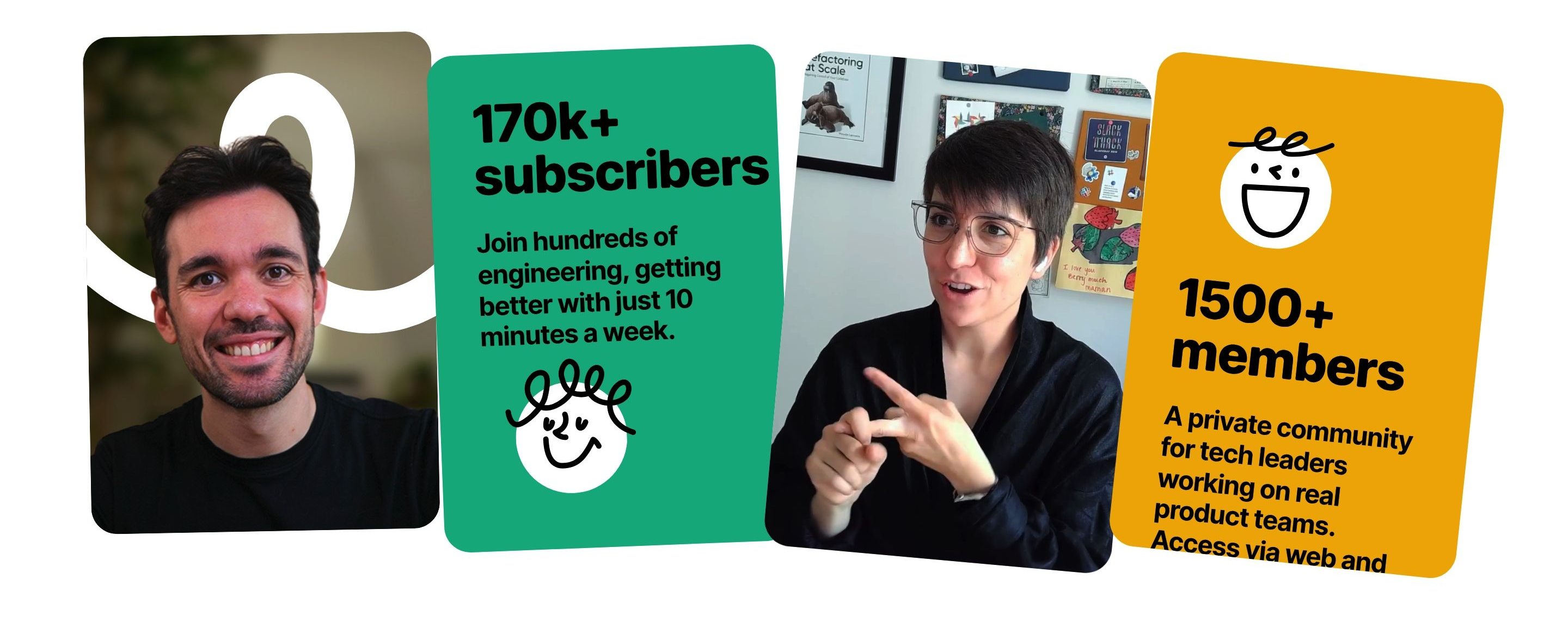 Refactoring highlight of four overlapping cards: portraits plus 170k+ subscribers and 1500+ members stats