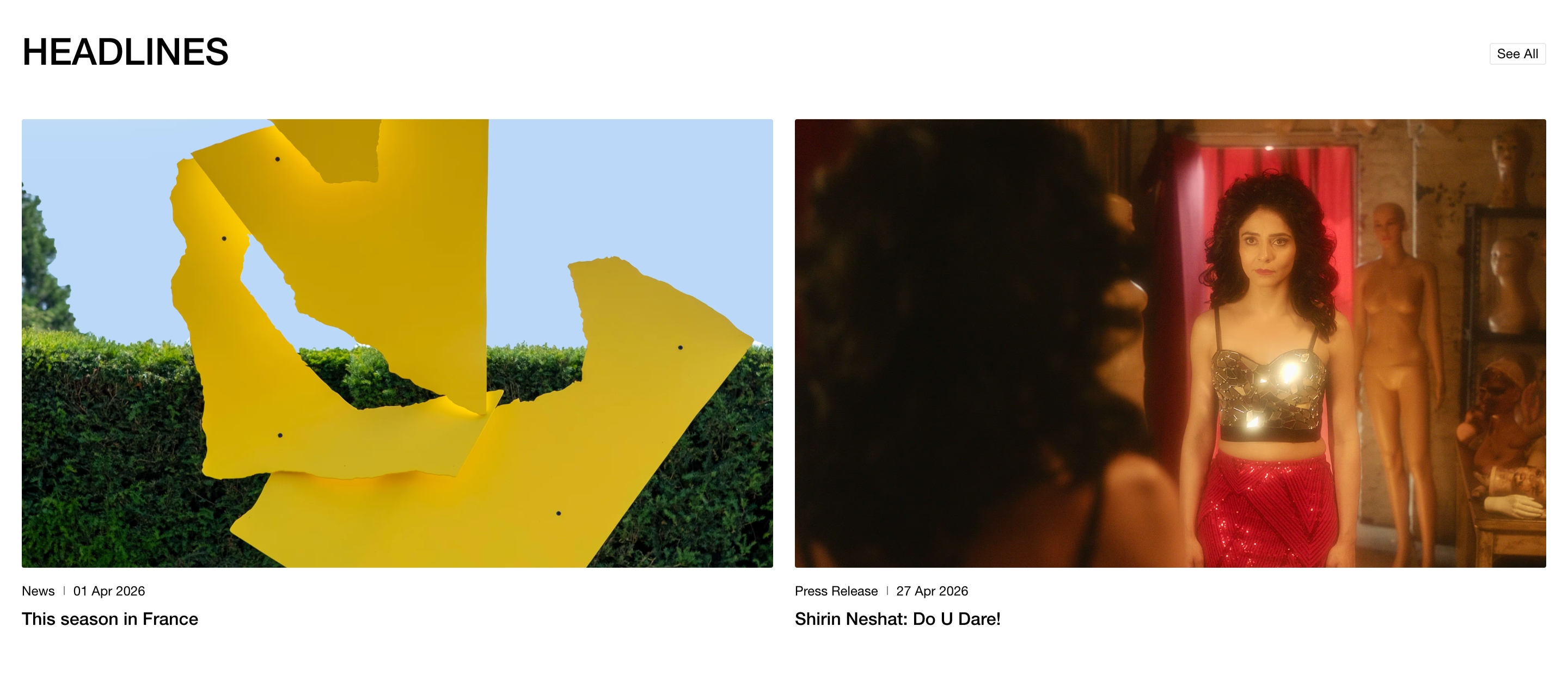 Goodman Gallery Headlines: two-column news photos of a yellow sculpture and a cinematic portrait.