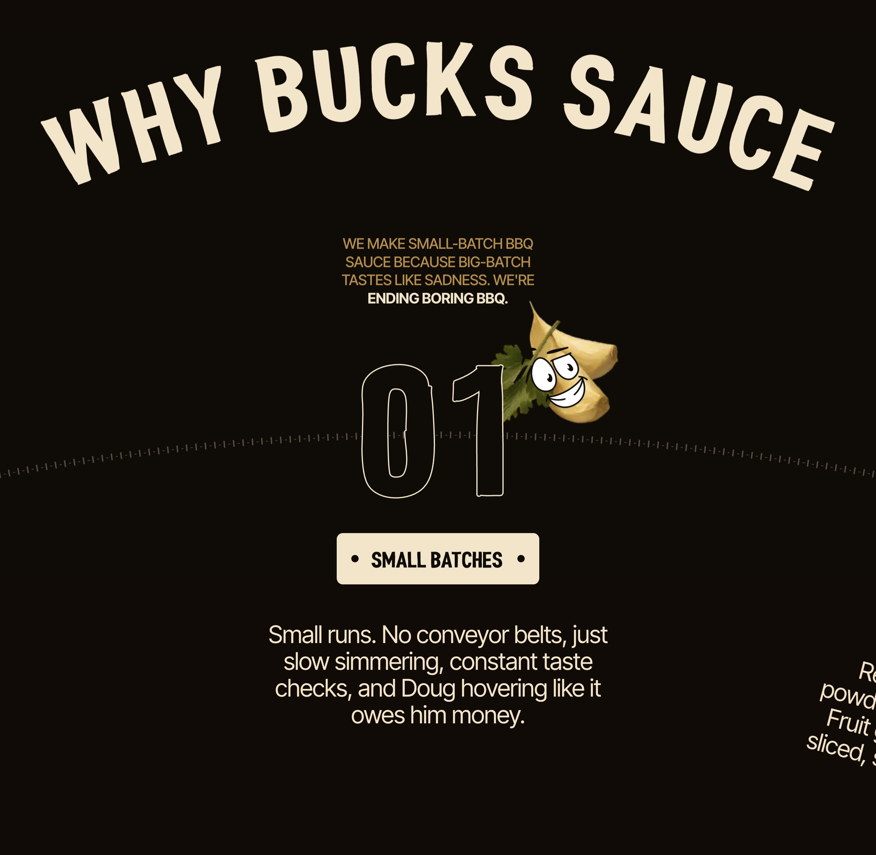 Bucks Sauce value proposition with arched Why Bucks Sauce headline, 01, garlic cartoon, and Small Batches copy