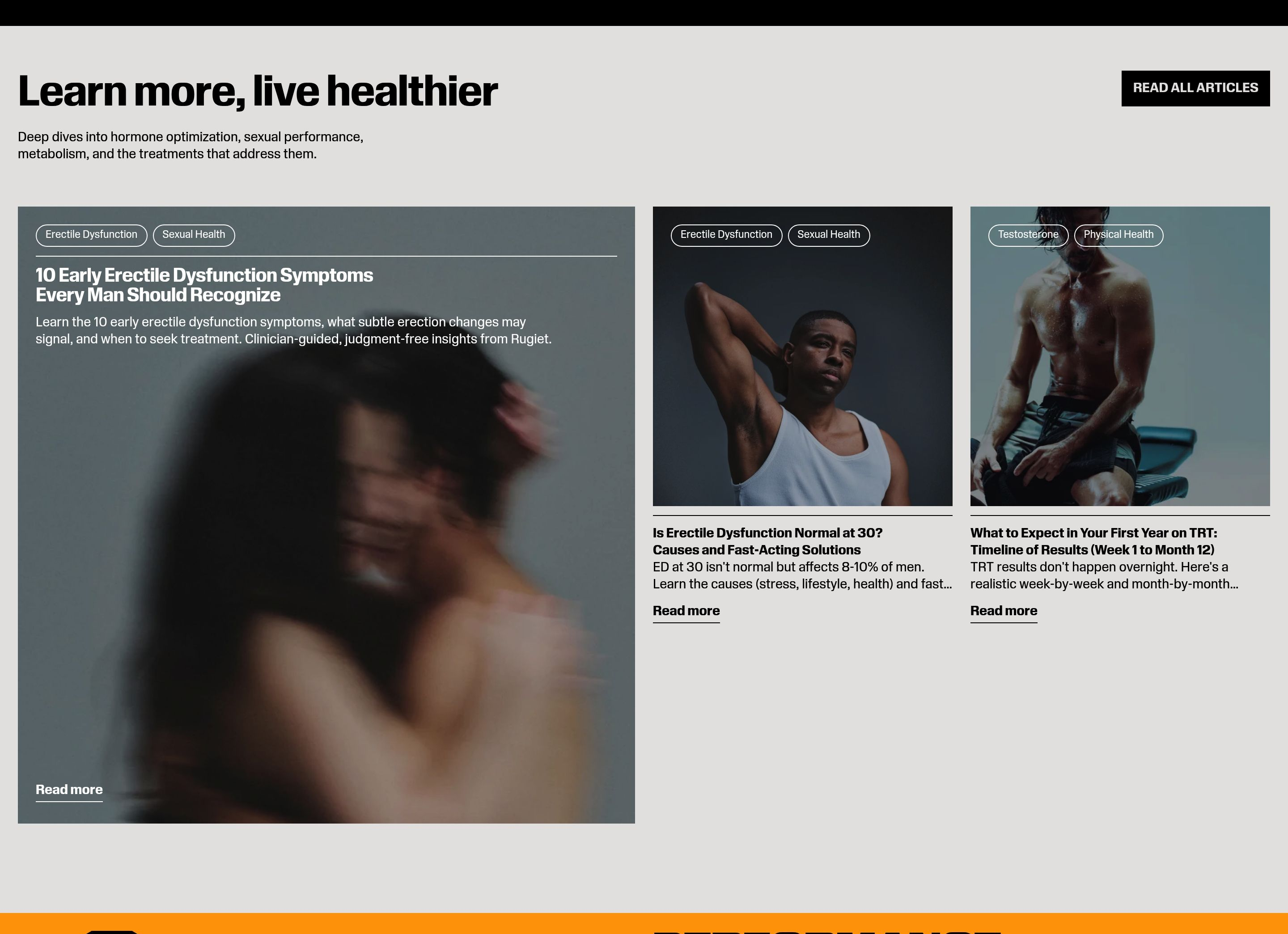 Rugiet resource hub with Learn more headline and three article cards on ED and TRT