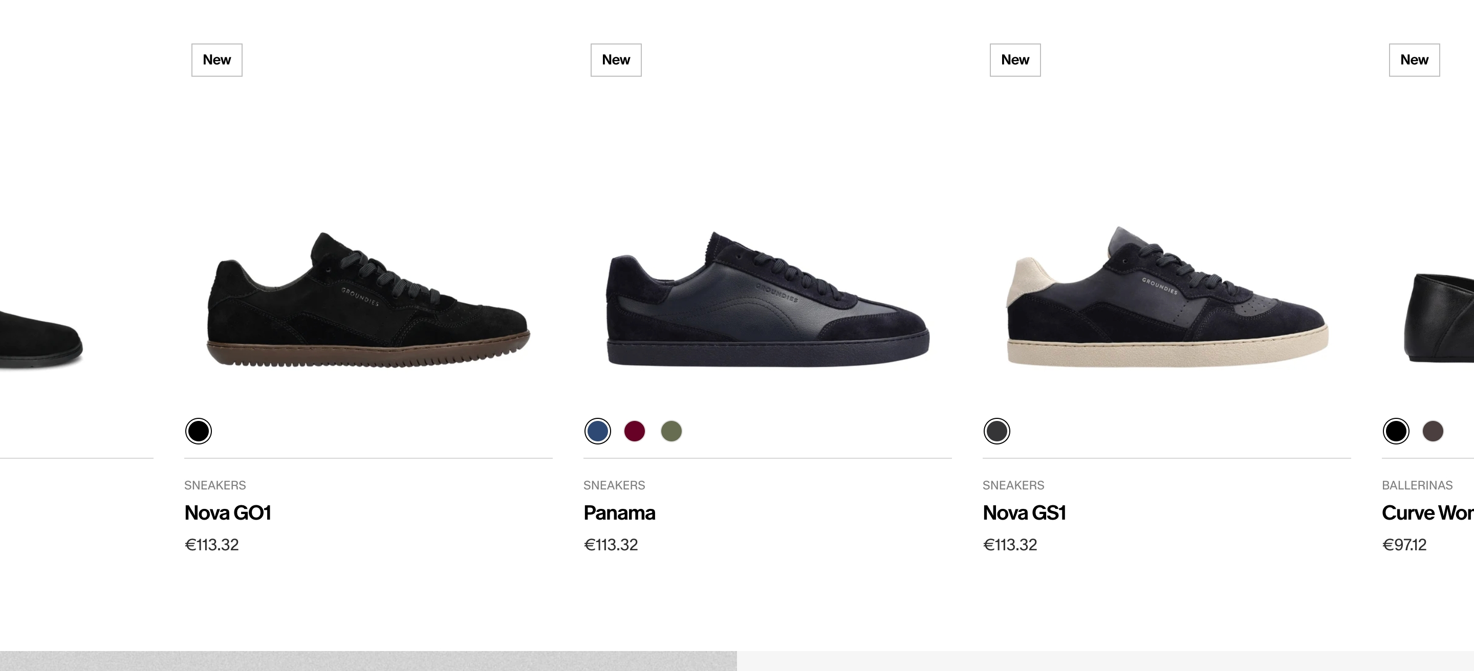 Groundies product grid of New shoes with side-profile photos, color dots, names and prices on white.