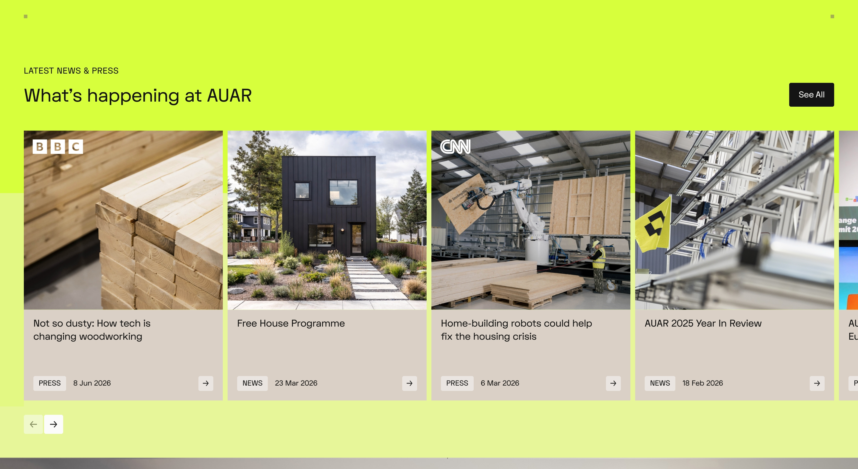 Automated Architecture news and press gallery: lime header, See All control, and photo cards for BBC, CNN, and AUAR stories