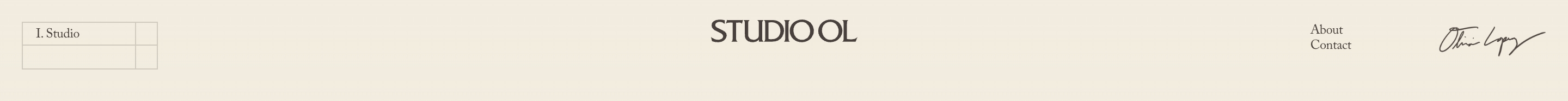 Studio OL navigation bar with I. Studio grid, centered wordmark, About Contact links, and signature