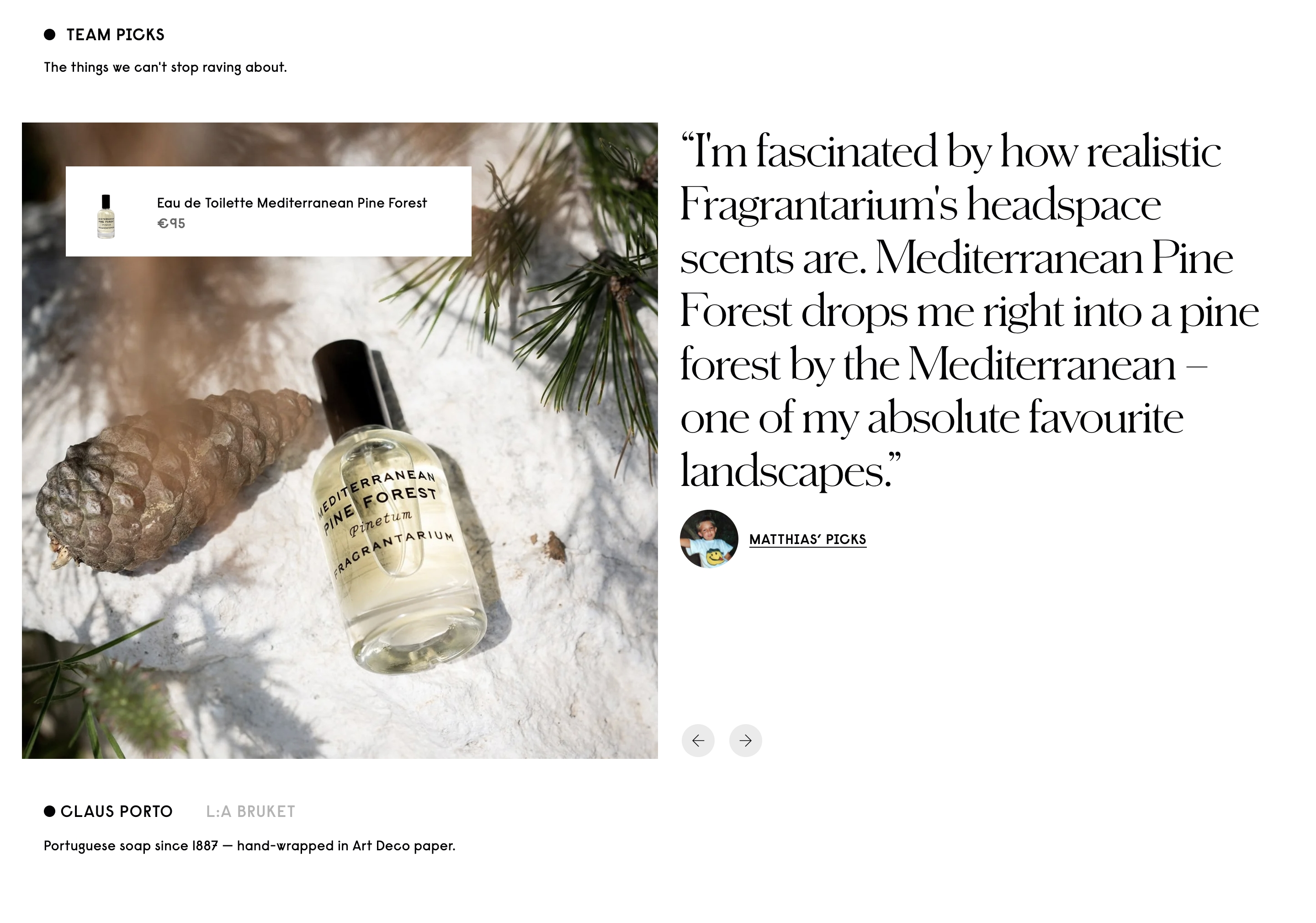 Duft und Kultur Team Picks section with Fragrantarium perfume photo, price card, and Matthias testimonial quote