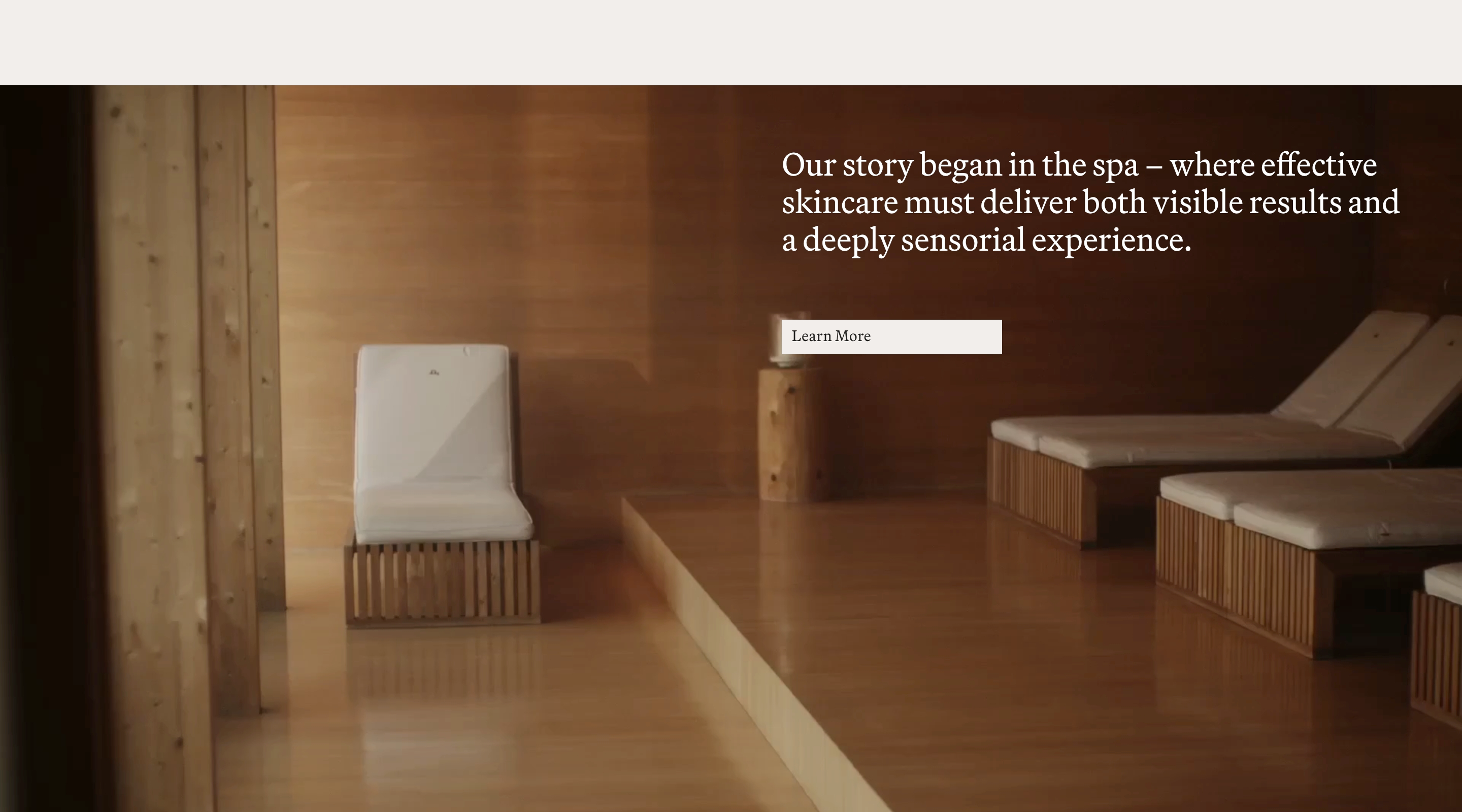 Susanne Kaufmann brand story section with spa lounge photo, origin headline, and Learn More label