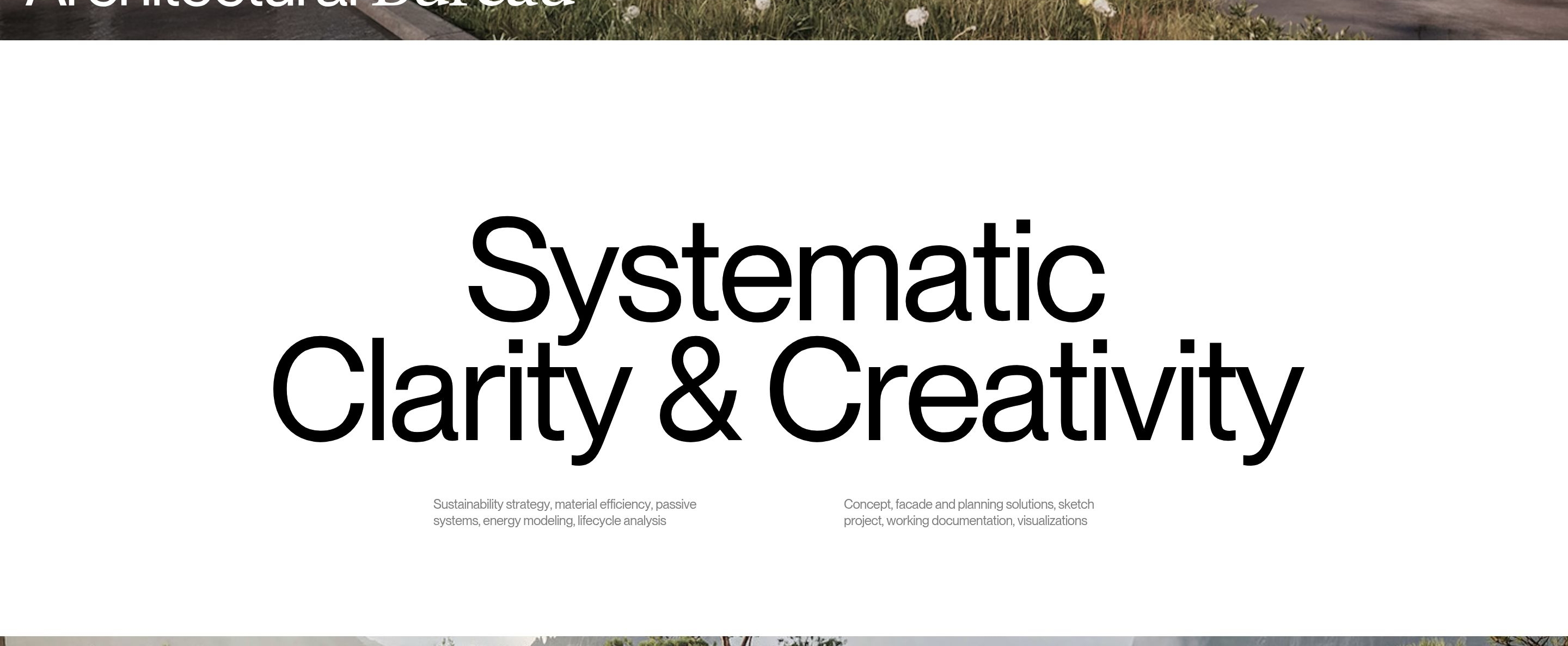 Kononenko Architectural Bureau value proposition with Systematic Clarity & Creativity headline and two service columns