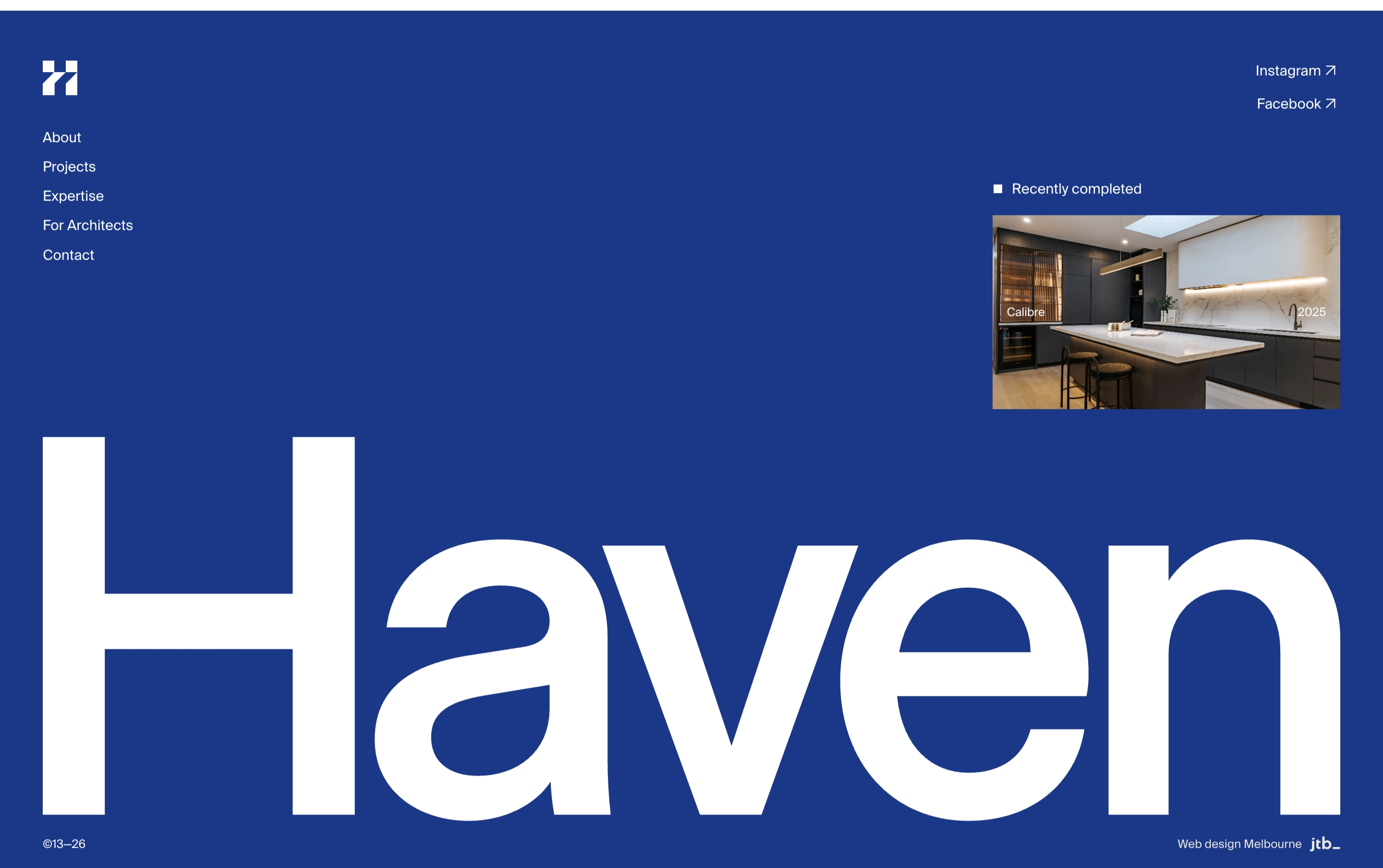 Haven footer on blue with nav, social links, Calibre 2025 kitchen photo, huge Haven wordmark, and credits.