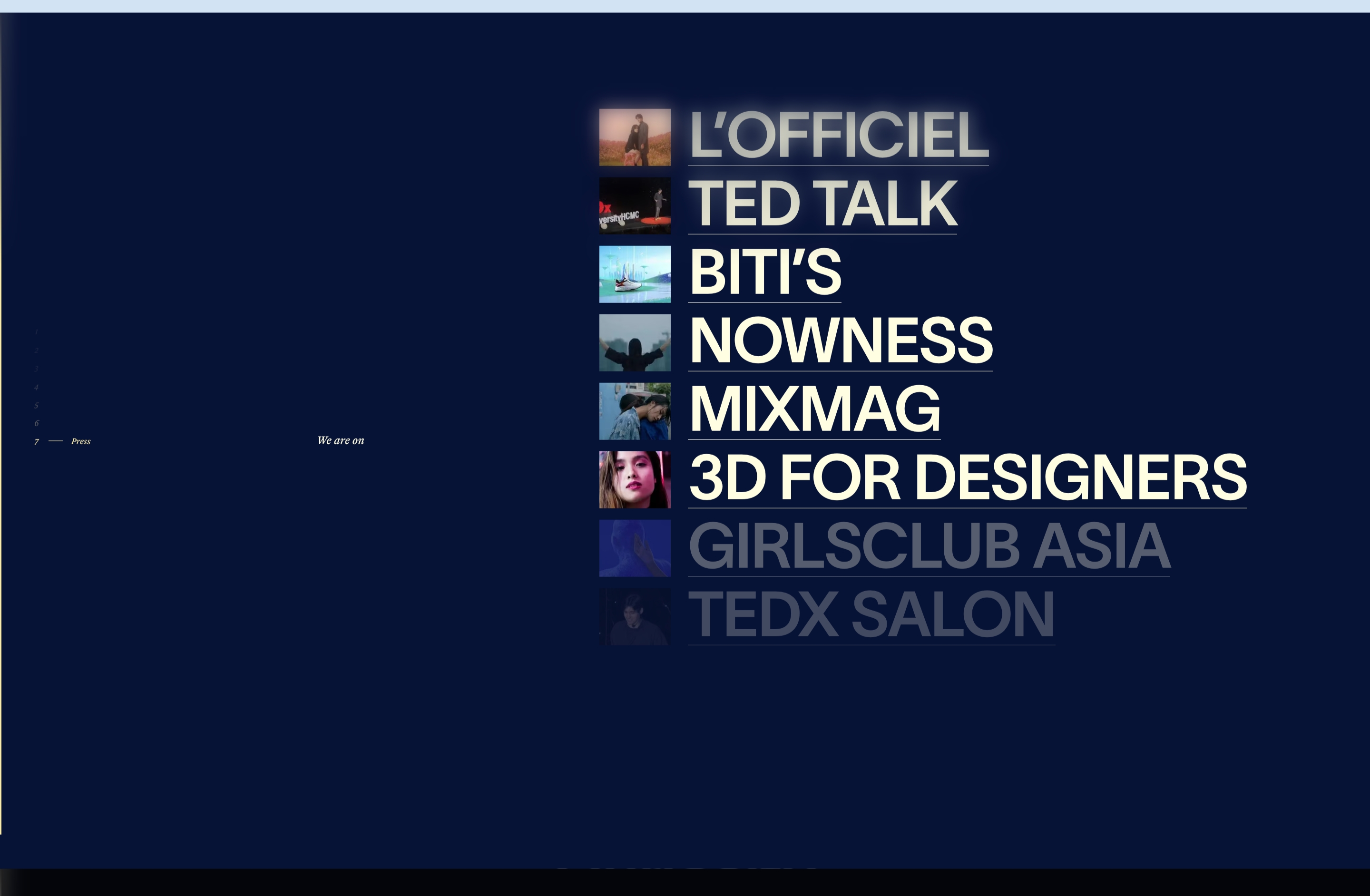 Fromanother press section: stacked all-caps media names with small thumbnails on a dark navy field