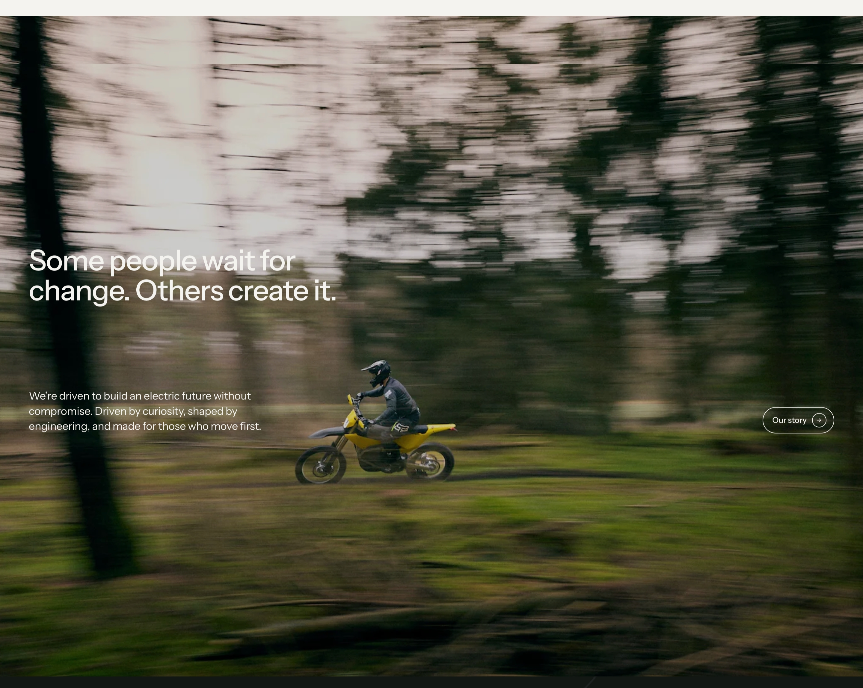 Radian brand story section with white manifesto text over a motion-blurred forest photo of a yellow electric dirt bike.