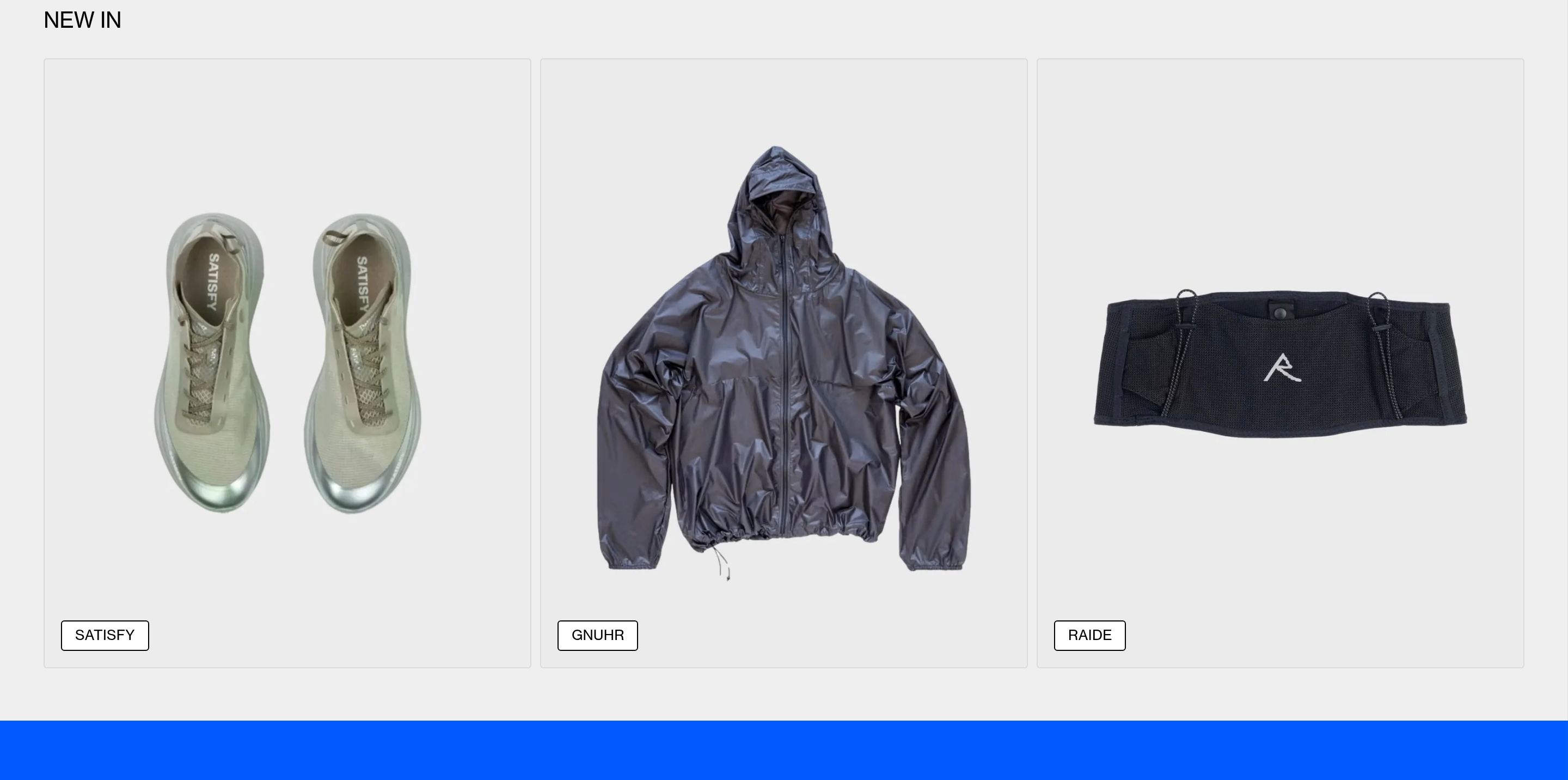Distance NEW IN gallery with Satisfy shoes, Gnuhr jacket, and Raide belt in three cards