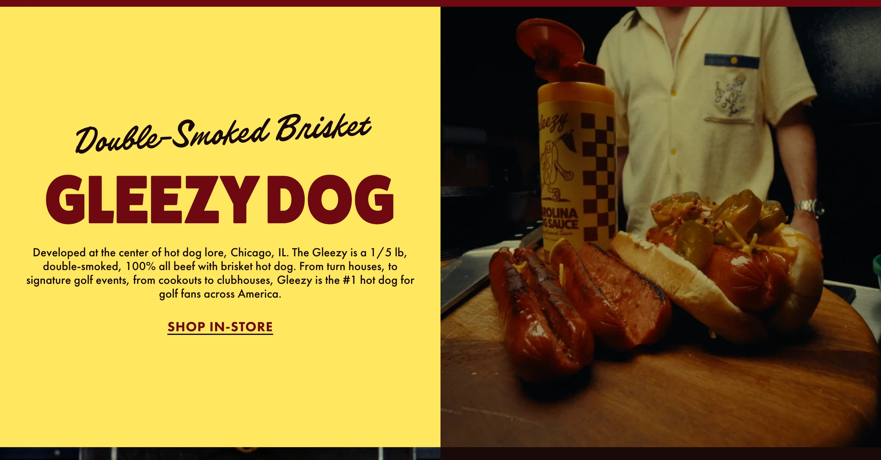 Gleezy product highlight: yellow Gleezy Dog copy panel beside grilled dogs, sauce bottle, and a loaded bun