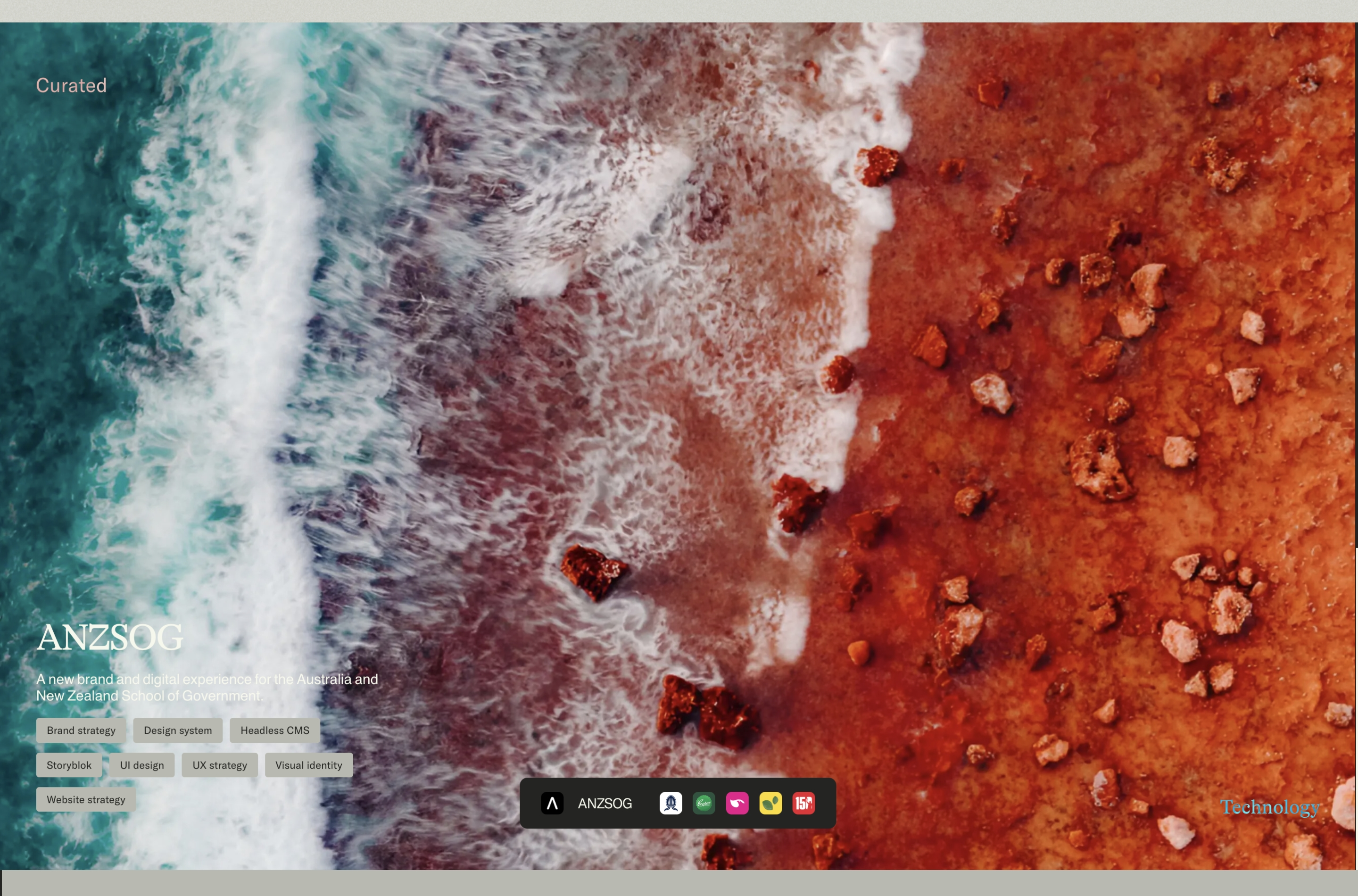 Dobre Agency featured case study: aerial coastline photo with ANZSOG title, service tags, and logo bar.