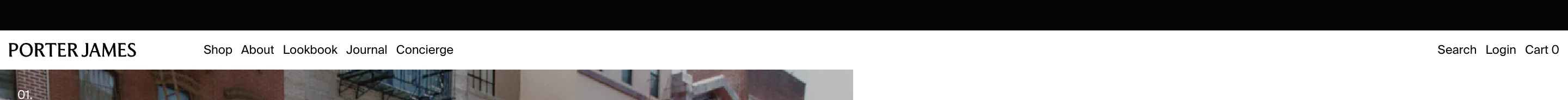 Porter James header: black top strip, white bar with PORTER JAMES, left nav, Search Login Cart 0