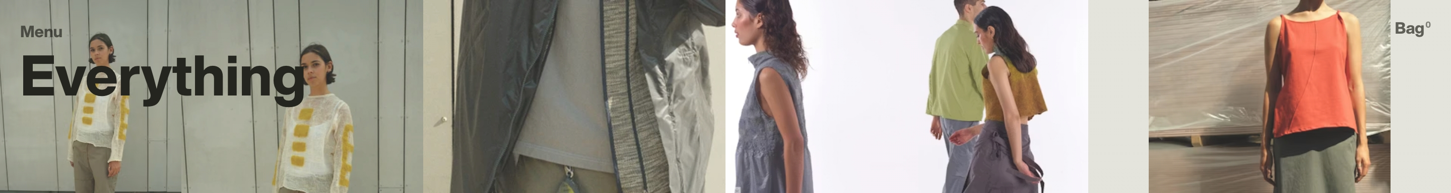 Sturla London header with Menu, Everything title, and Bag0 over a horizontal strip of fashion photos
