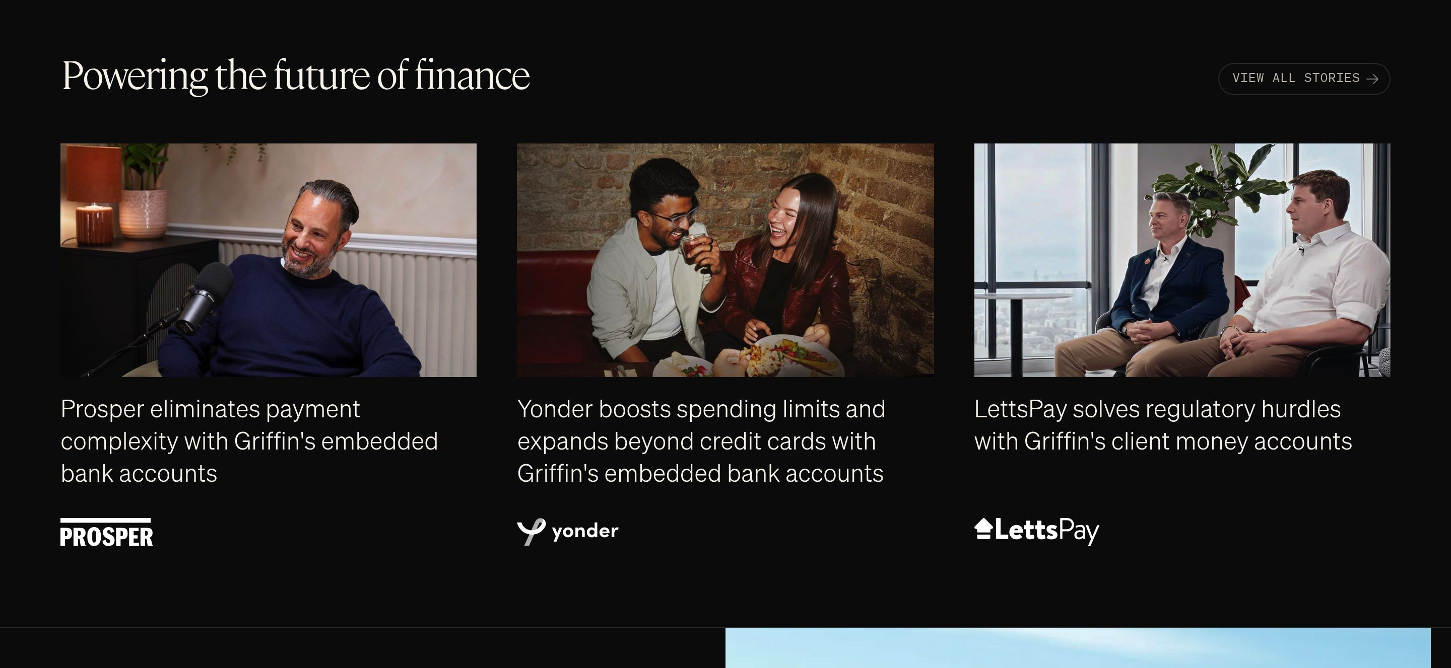 Griffin case studies titled Powering the future of finance, with three photo cards for Prosper, Yonder and LettsPay