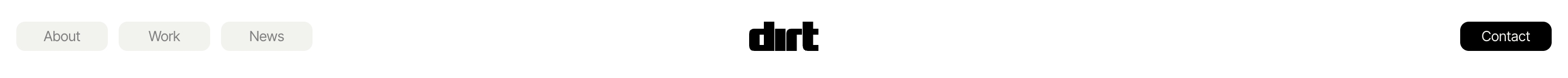 Dirtverse navigation header with About, Work, News pills, centered dirt logo, and black Contact button