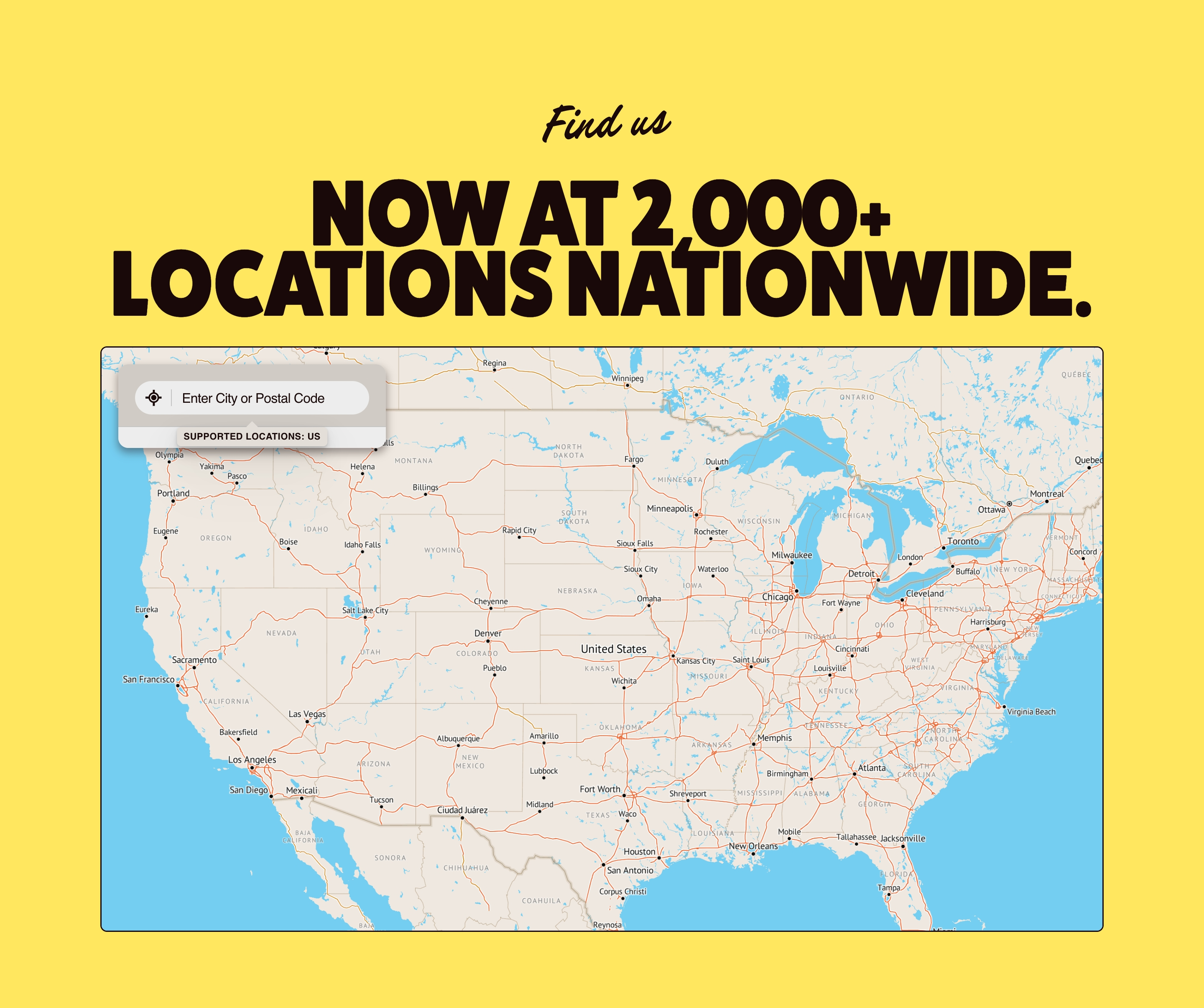Gleezy store-locator section with yellow field, oversized nationwide headline, and framed US map