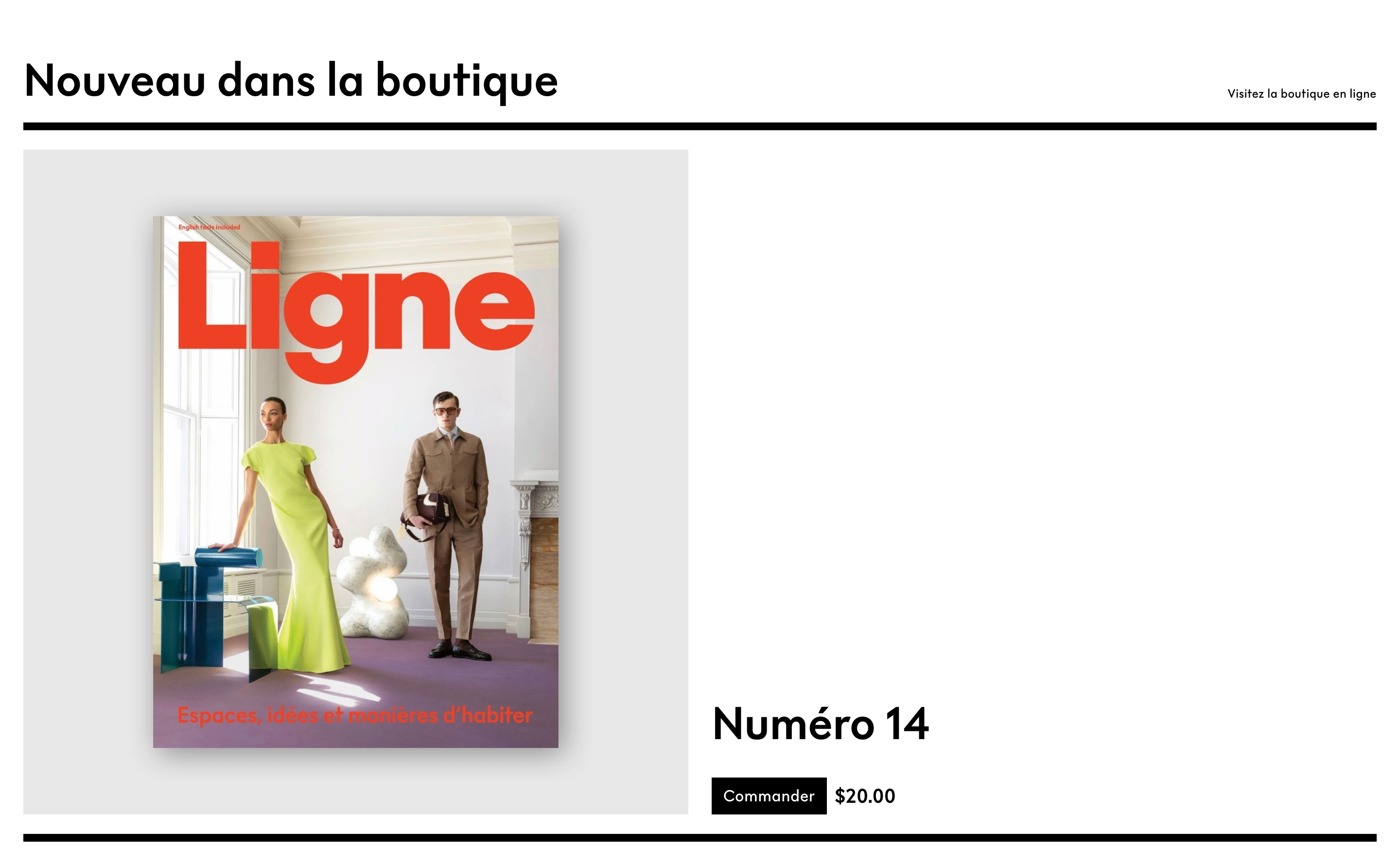 Ligne featured shop section with issue 14 cover, Numéro 14 title, Commander button, and $20.00