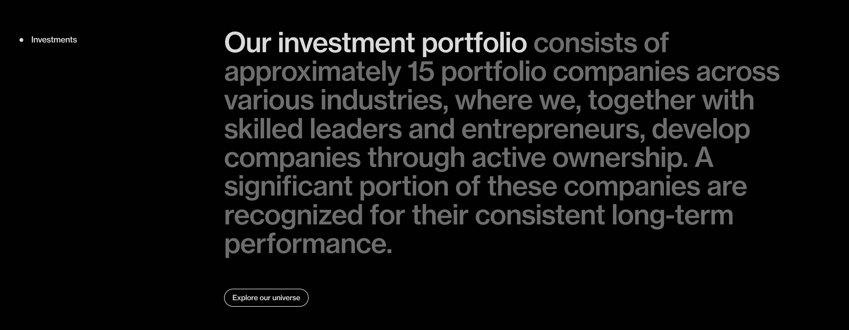 Strawberry Group investments section: large white-and-gray portfolio copy and Explore our universe button on black.