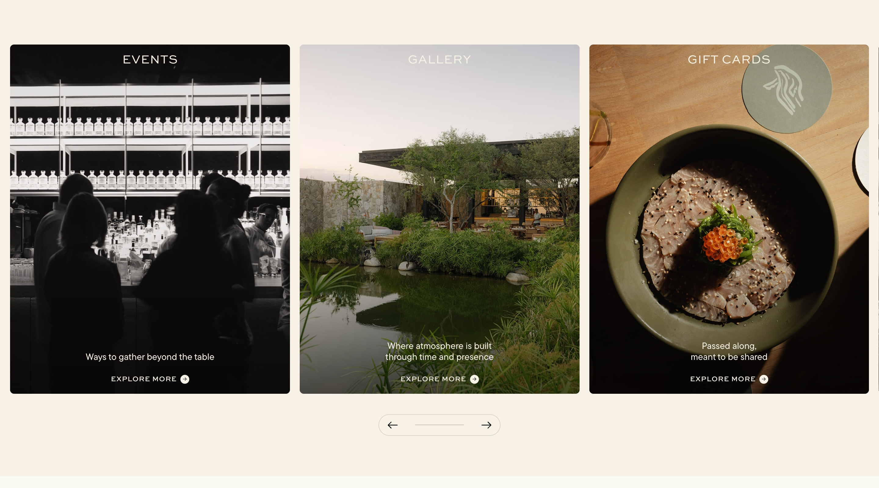 Ballena card grid showing Events, Gallery, and Gift Cards photos with Explore More labels and arrow controls