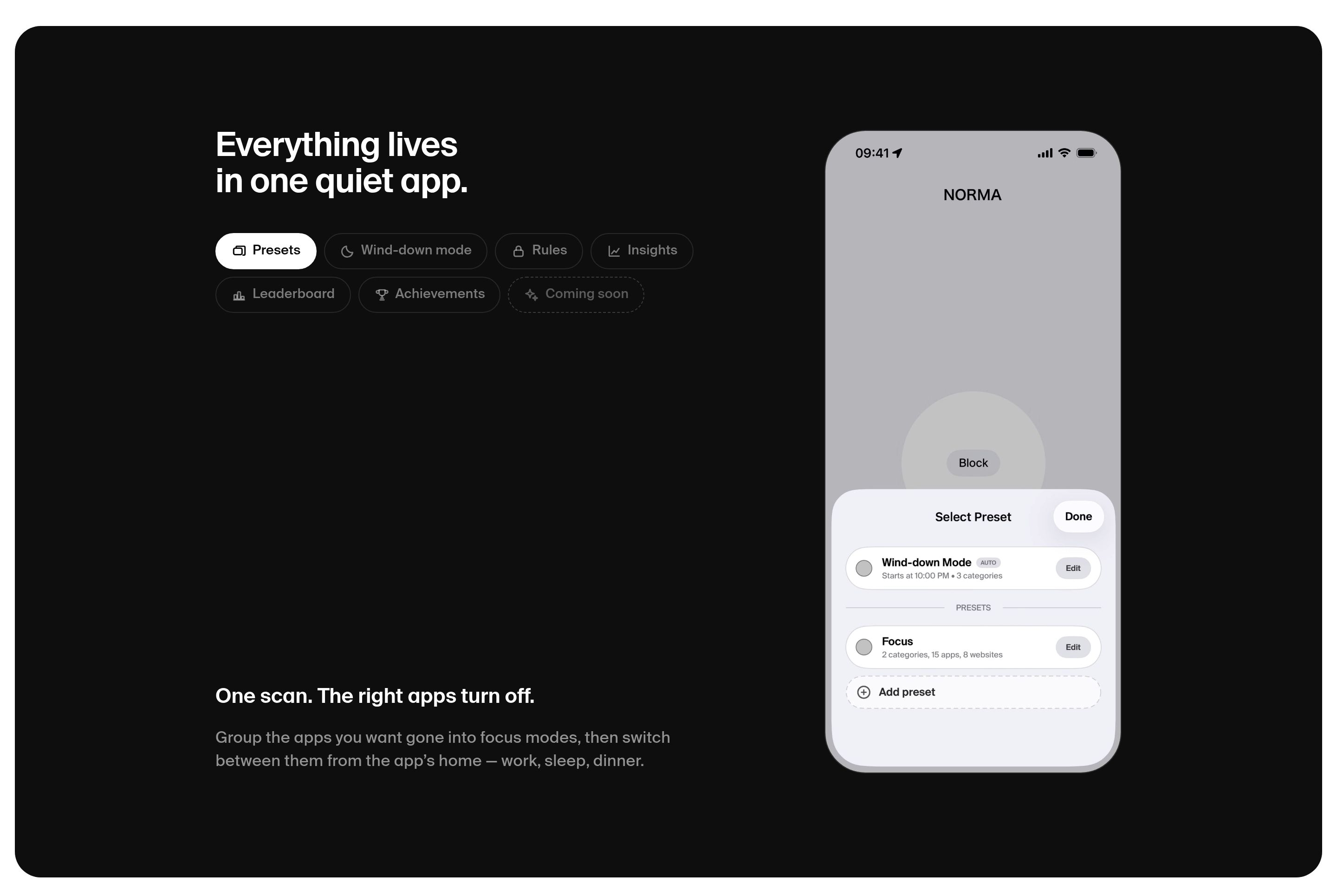 Norma features section: dark two-column layout with feature chips and an iPhone showing the Select Preset sheet.