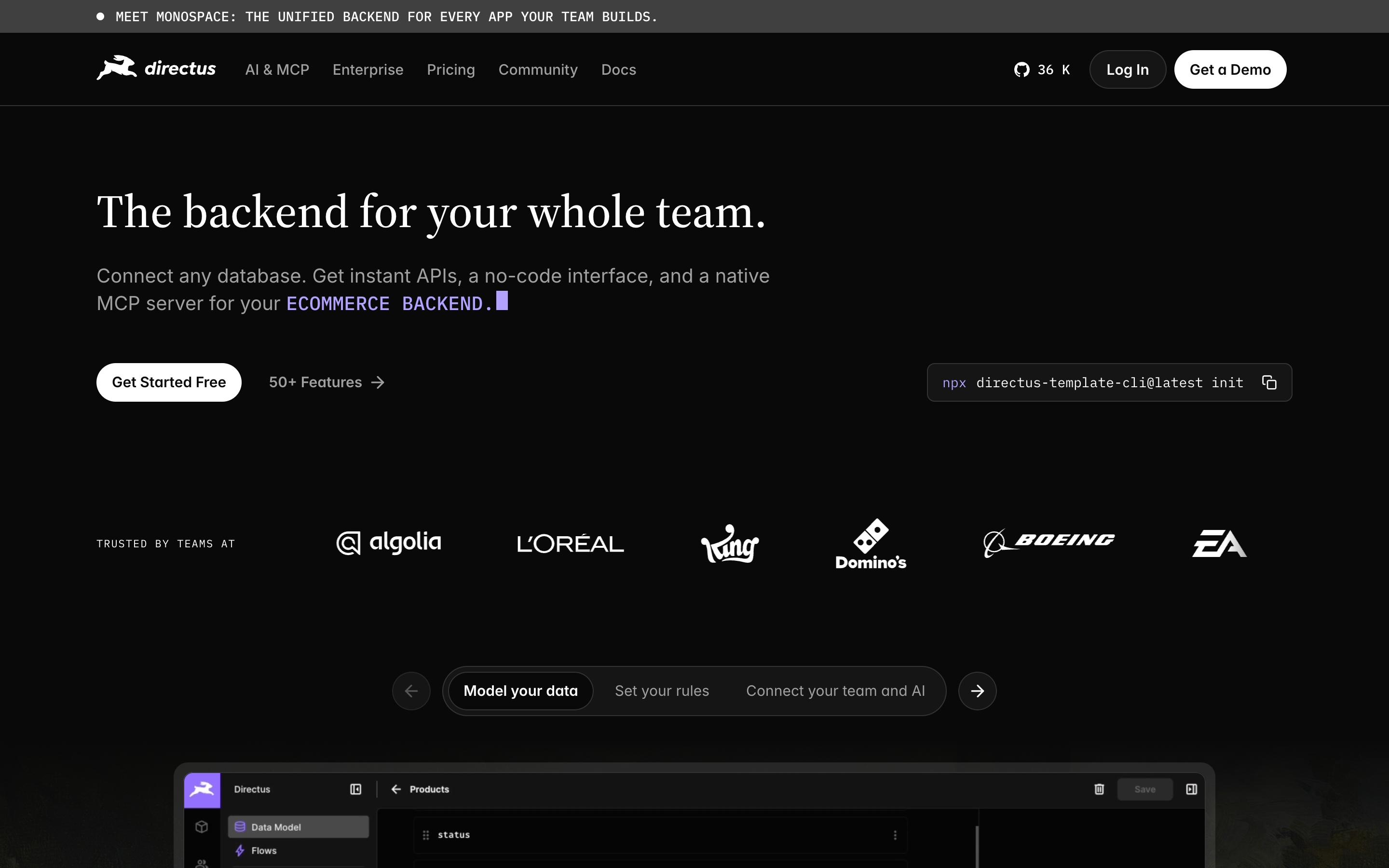 Directus hero: dark page with serif headline, Get Started CTA, CLI command, client logos, and cropped admin UI.