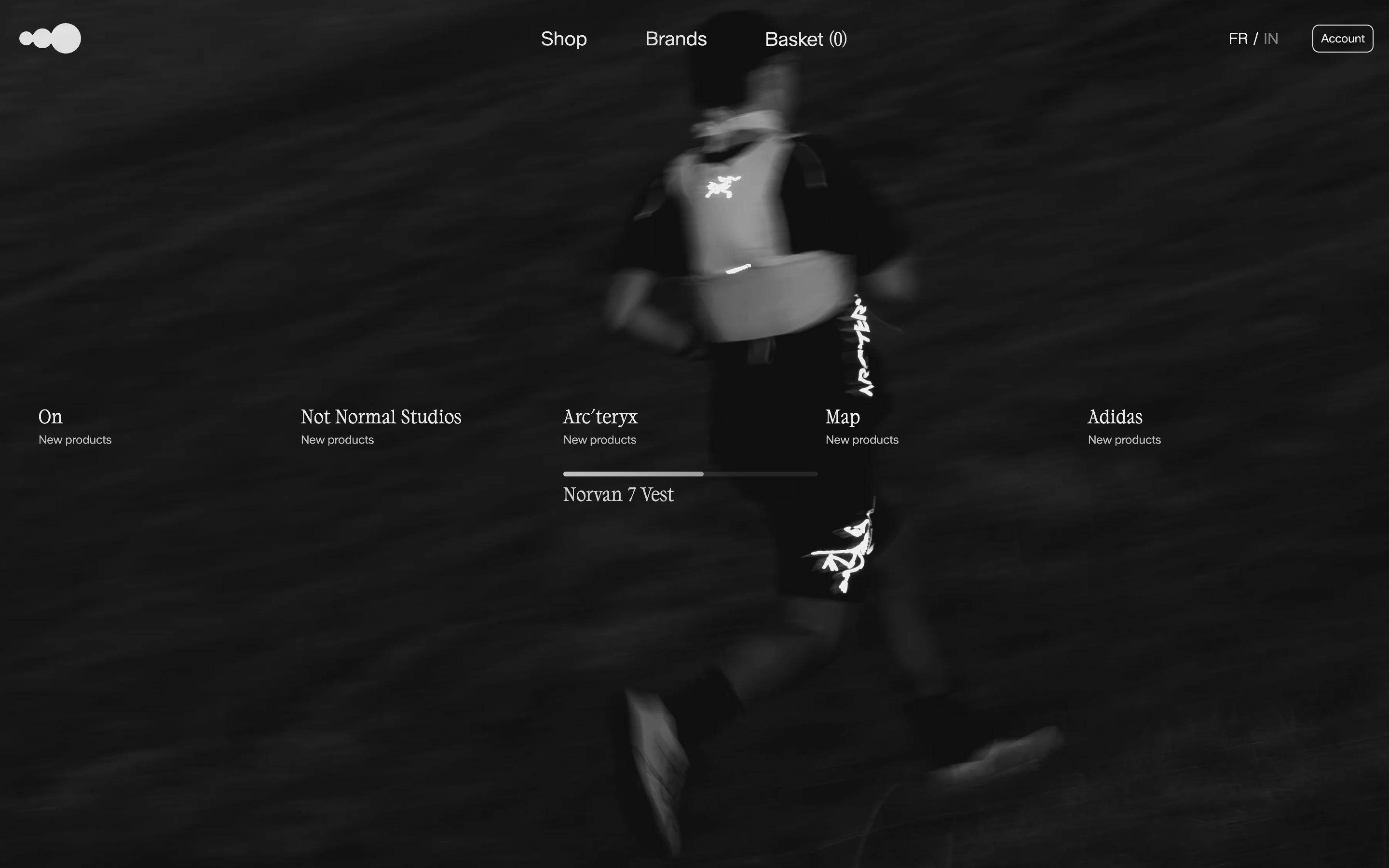Apt Curation hero with a dark motion-blurred runner, top nav, and overlaid brand new-product labels.