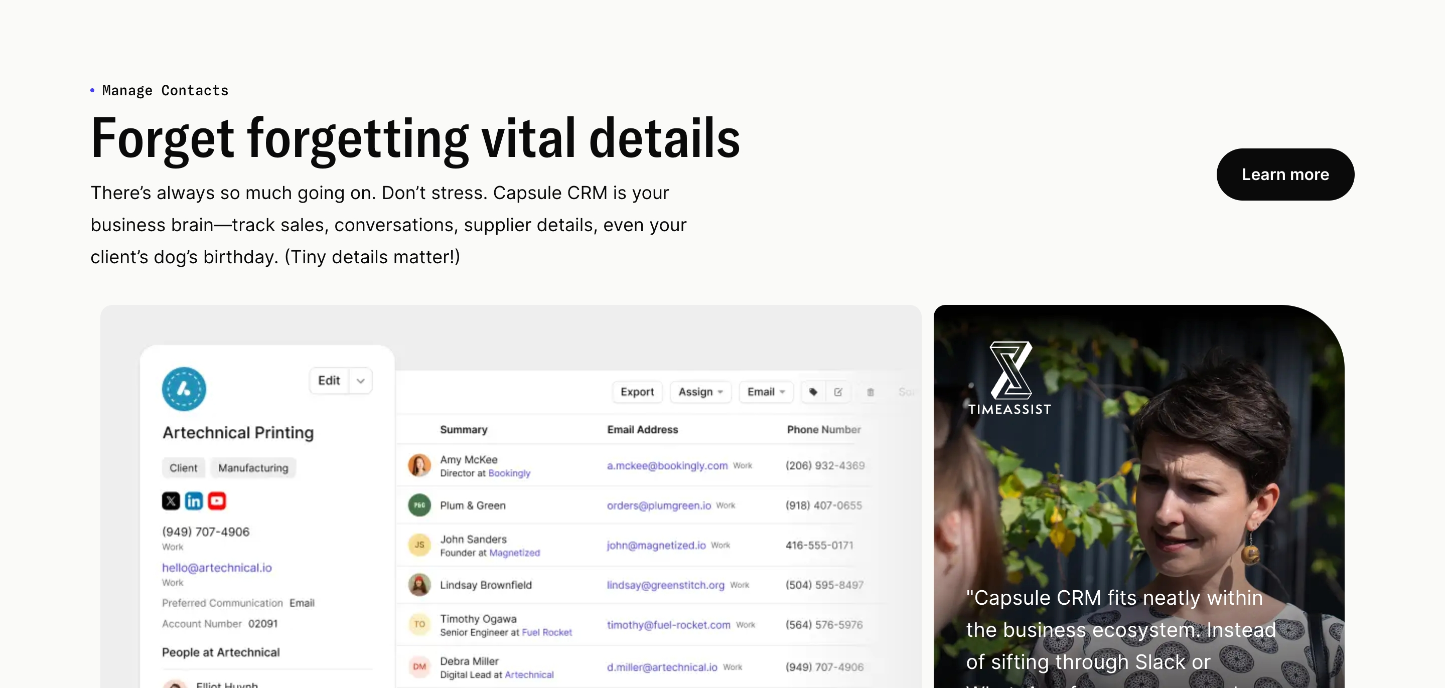Capsule CRM manage contacts feature with headline, contact-record UI, and Timeassist photo testimonial