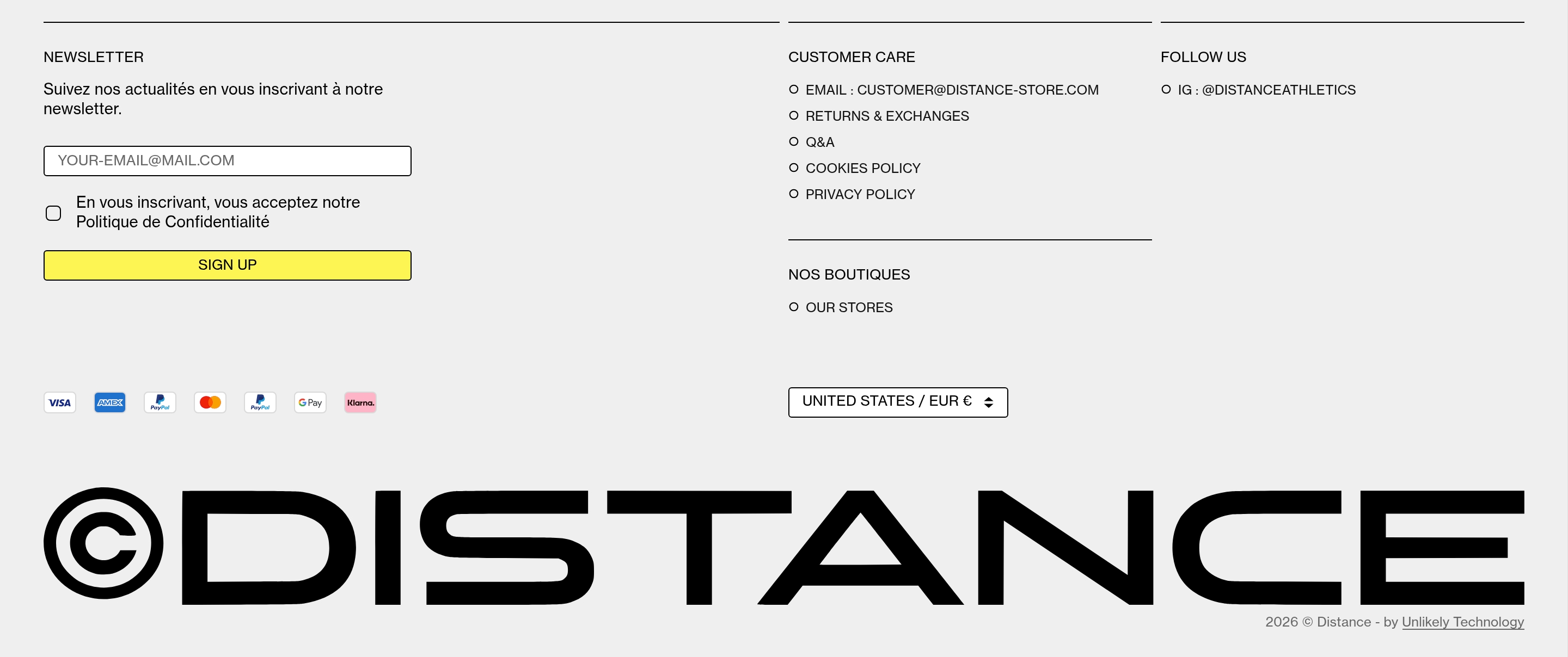 Distance store footer with newsletter form, care links, payment icons and a large ©DISTANCE wordmark.