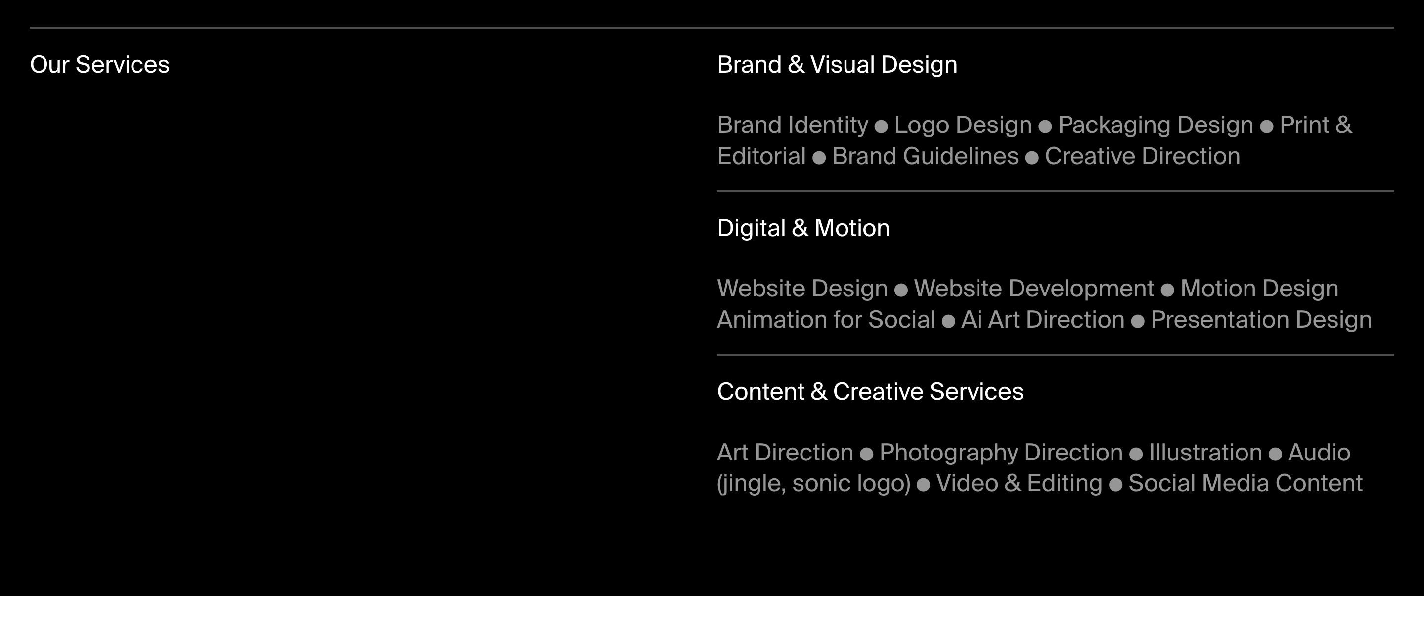 Ofform Our Services section: dark two-column layout with three grouped mid-dot service lists