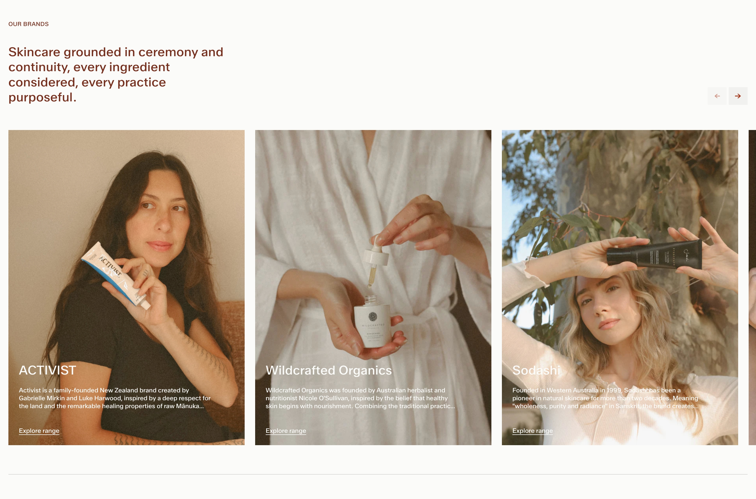 SIHA Our Brands section with headline and lifestyle cards for Activist, Wildcrafted Organics, and Sodashi