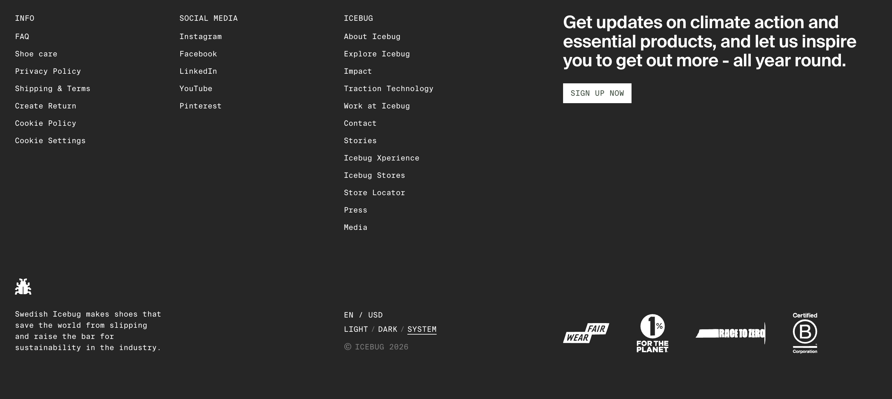 Icebug dark footer with three link columns, climate signup headline, and certification logos
