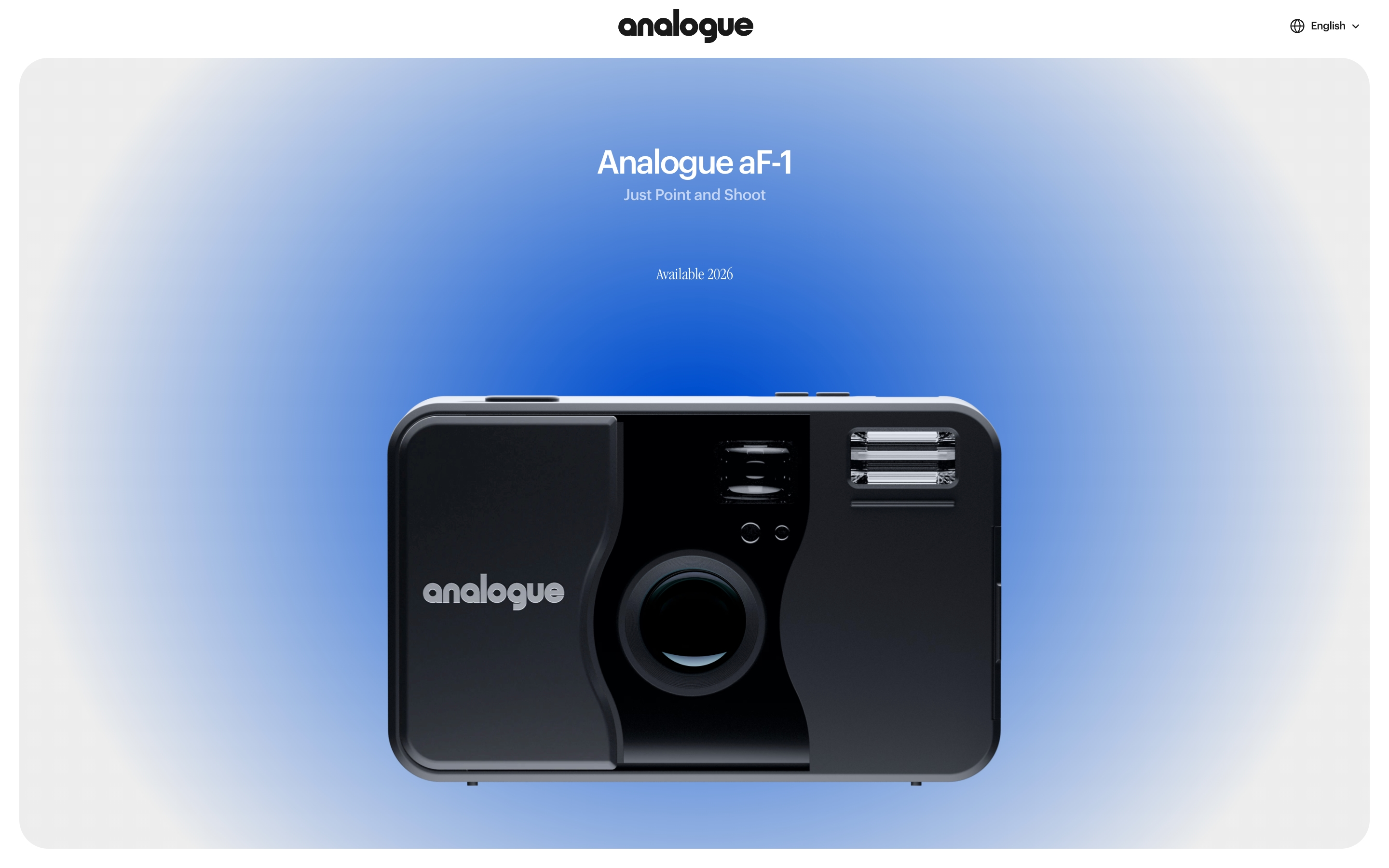 Analogue aF-1 hero with centered title, tagline, 2026 date, and black compact camera on a blue gradient.