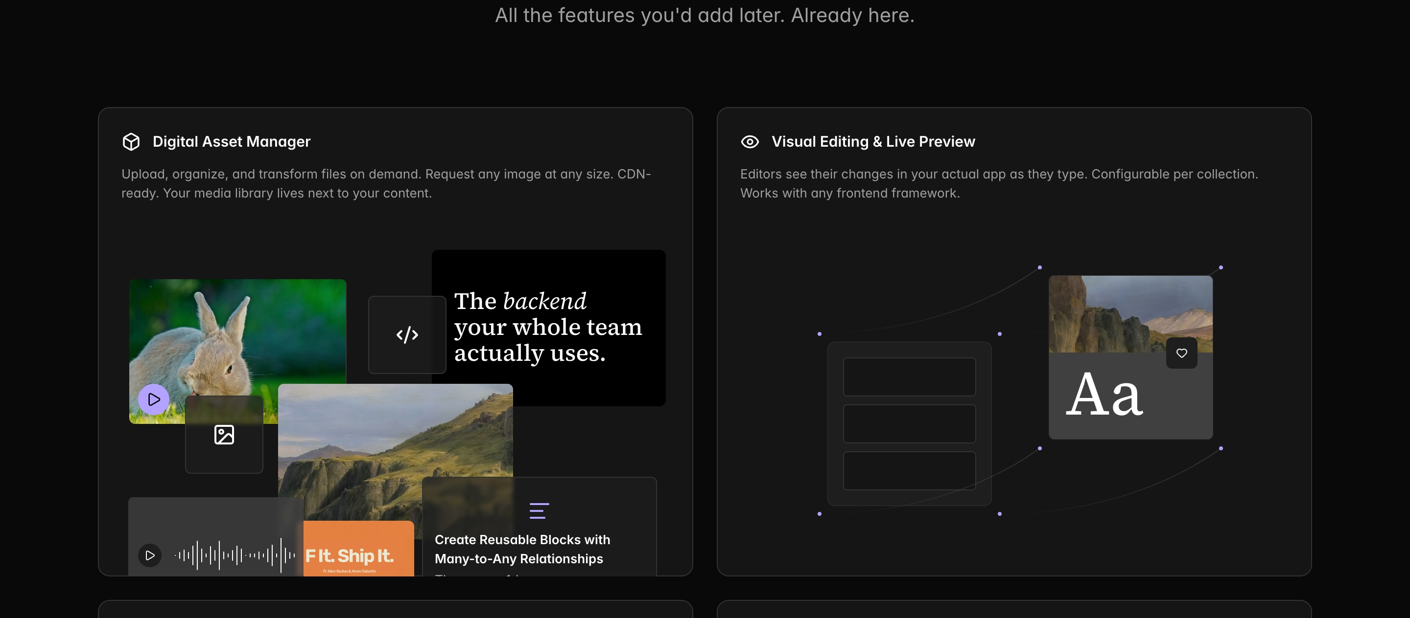 Directus feature grid with Digital Asset Manager and Visual Editing cards on a dark background