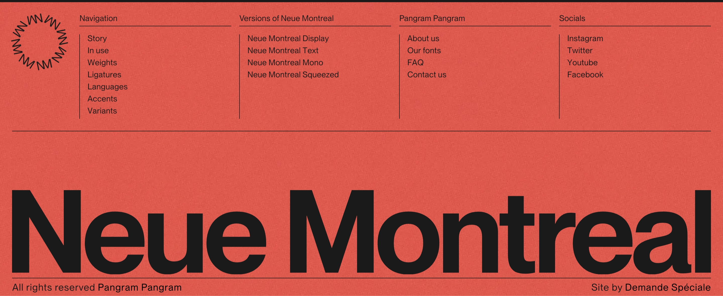 Neue Montreal footer with four-column navigation, circular monogram, and oversized black Neue Montreal wordmark on a coral-red field