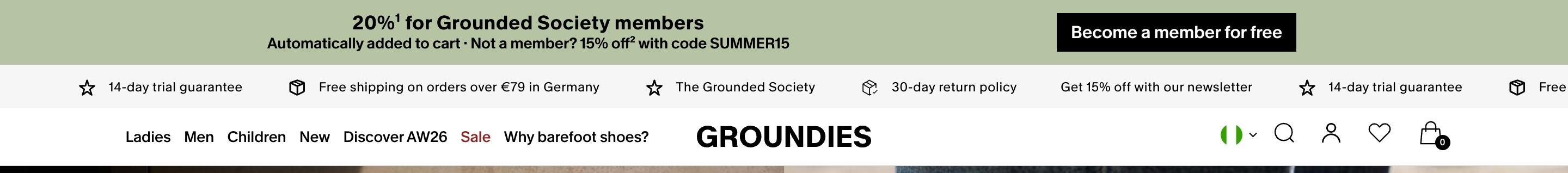 Groundies header: sage 20% member promo, black join button, benefits strip, centered GROUNDIES nav