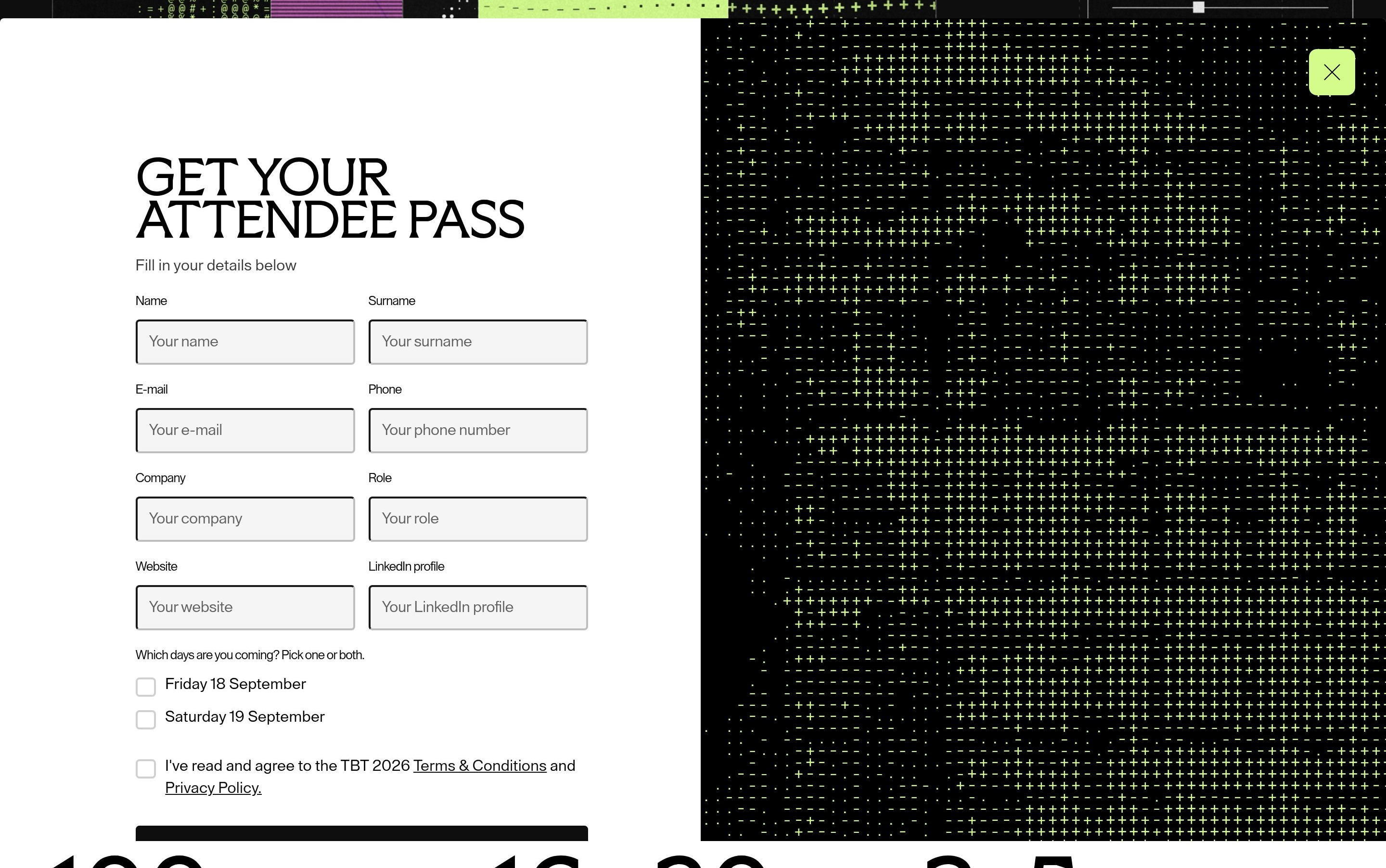 Builders Table registration form with attendee fields beside a black lime plus-sign panel and close button.