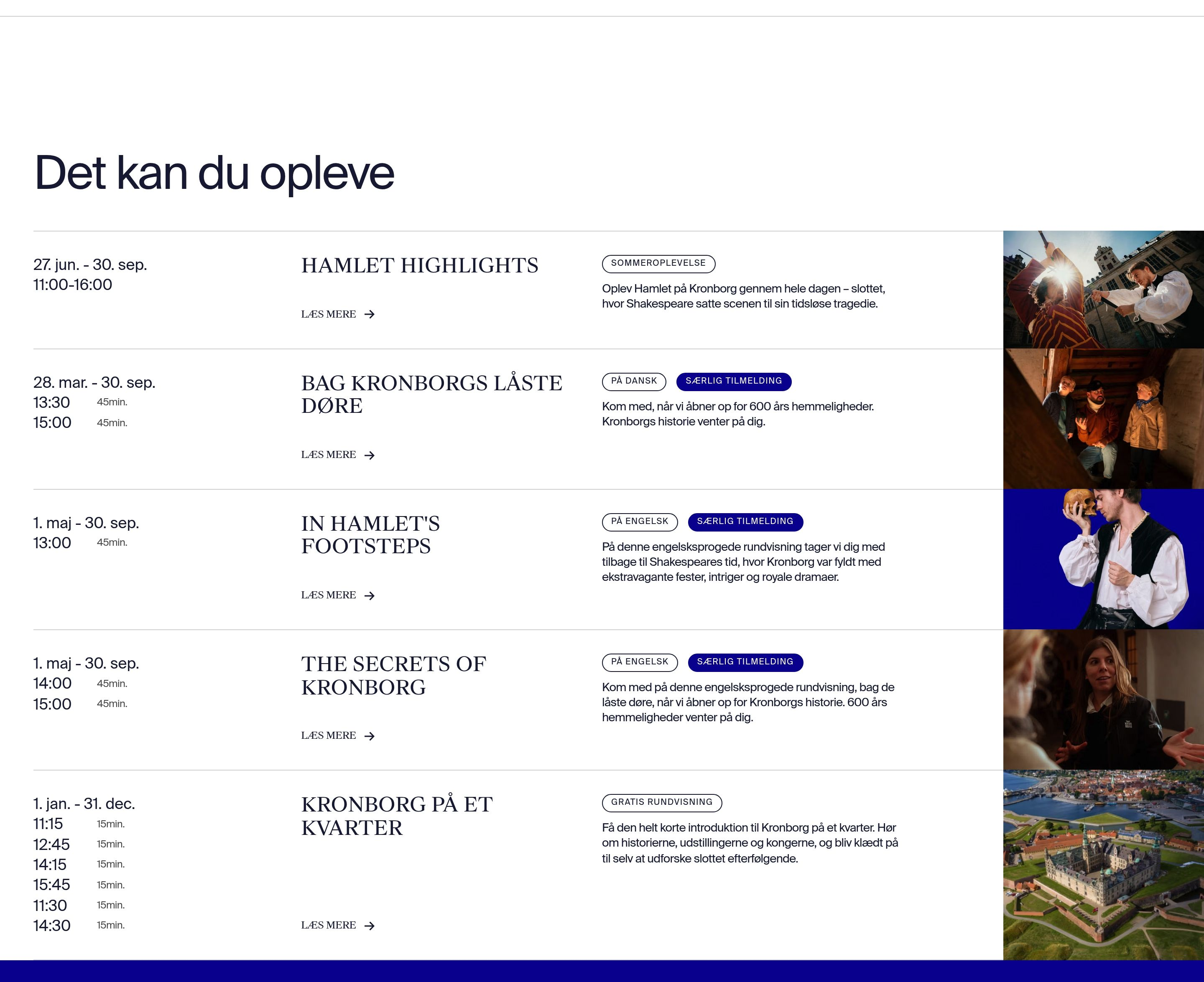 Kronborg experiences list with dated tours, serif titles, captions, and a right column of castle photos