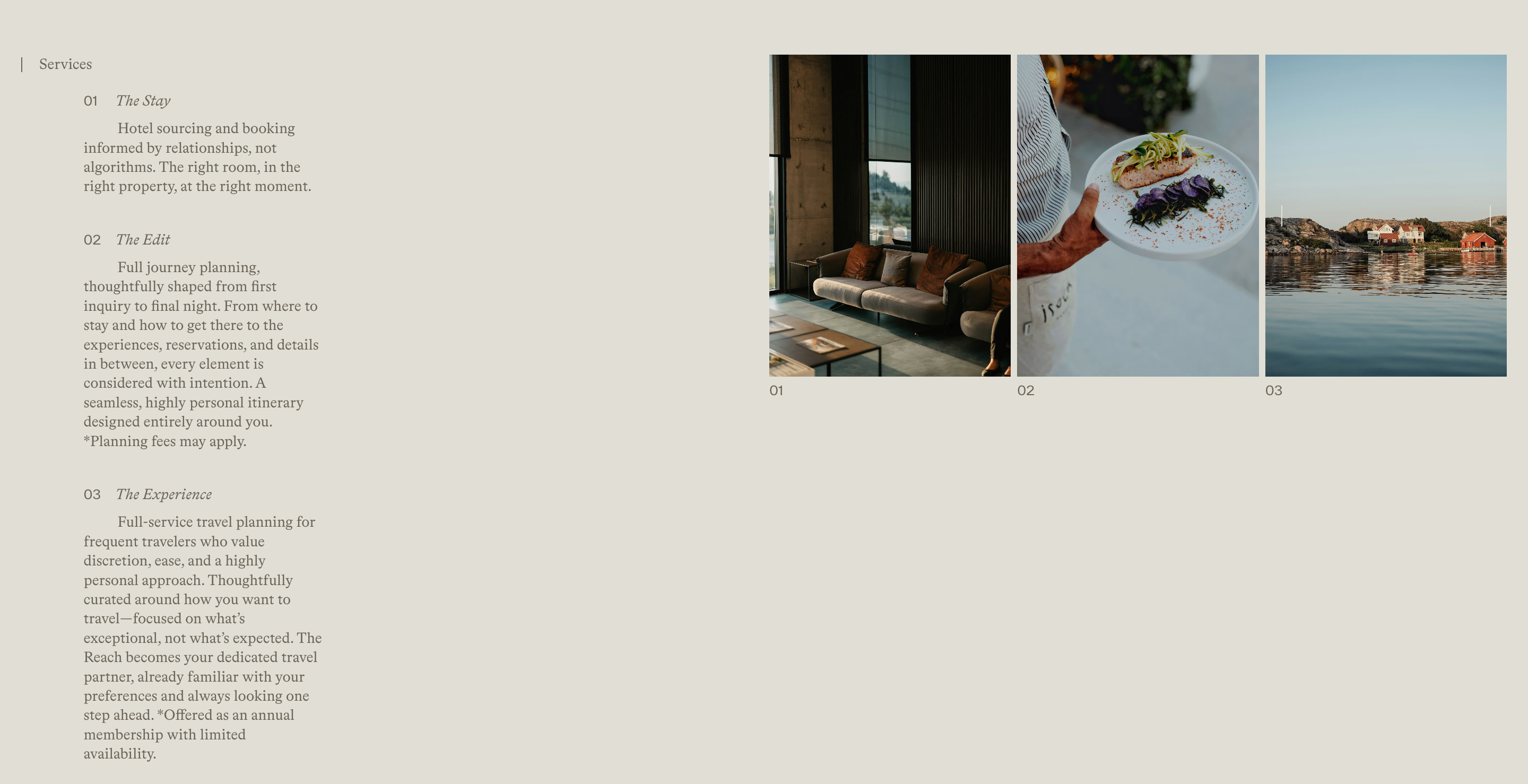 The Reach services section: numbered Stay, Edit, Experience copy beside three photos of lounge, food, and coast.
