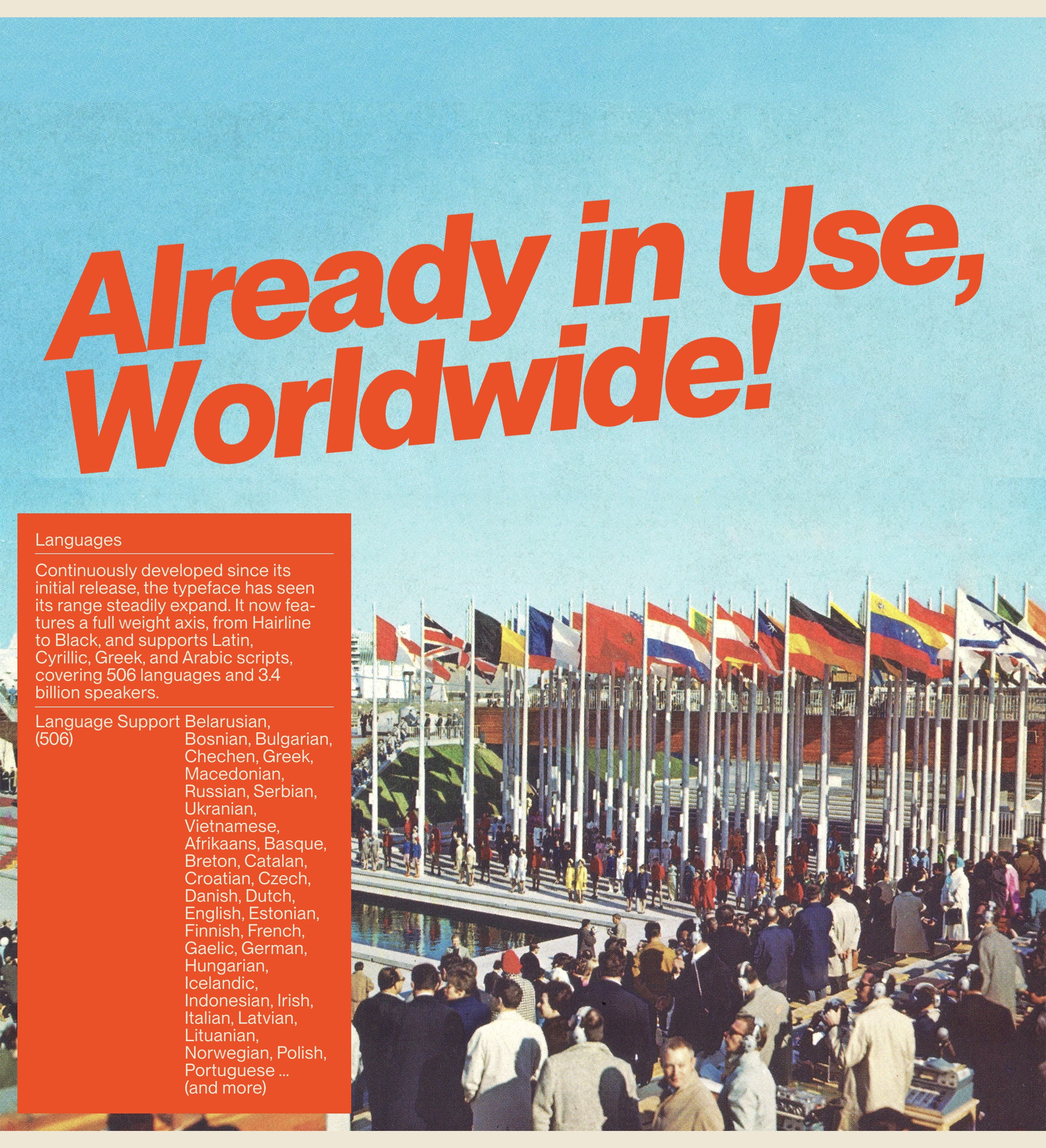 Neue Montreal language section: orange Already in Use, Worldwide! over a flags photo and overlapping support list