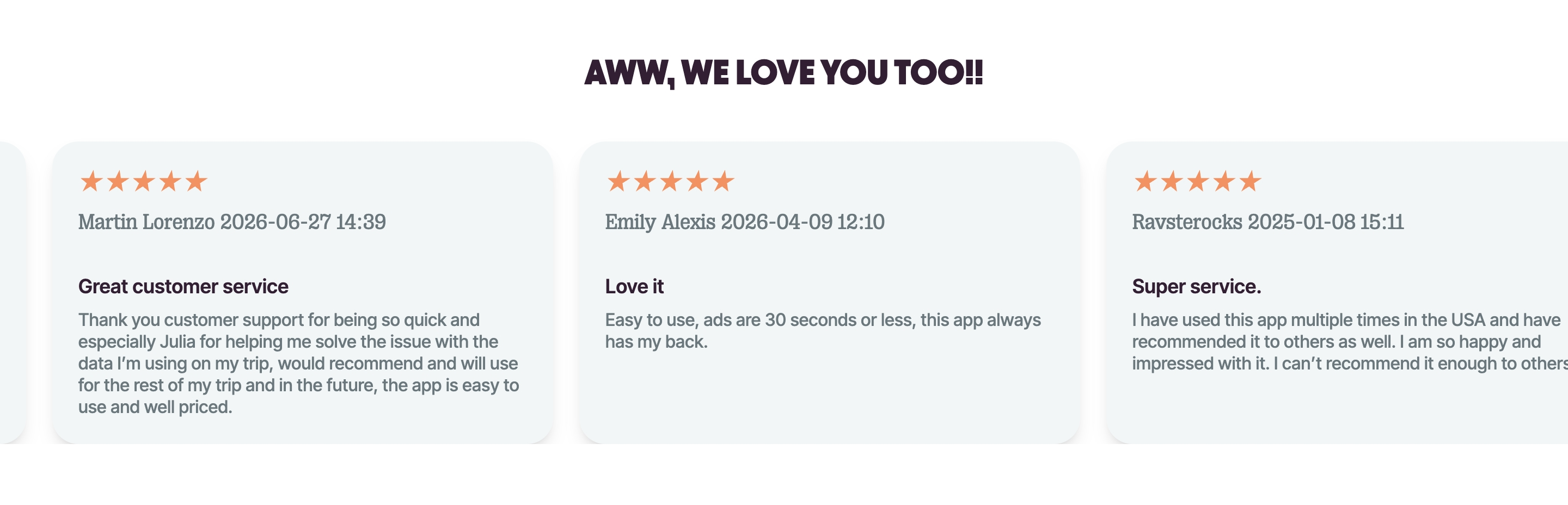 Firsty testimonials with all-caps ‘Aww, We Love You Too!!’ headline and pale starred review cards in a row.