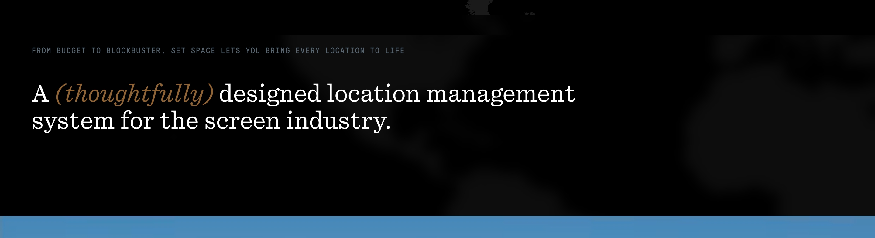 Set Space purpose section: dark band, all-caps eyebrow, large white serif headline with italic brown ‘thoughtfully’.