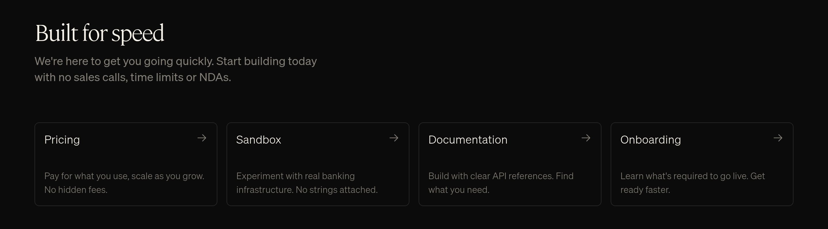 Griffin dark Built for speed section with four cards: Pricing, Sandbox, Documentation, and Onboarding.